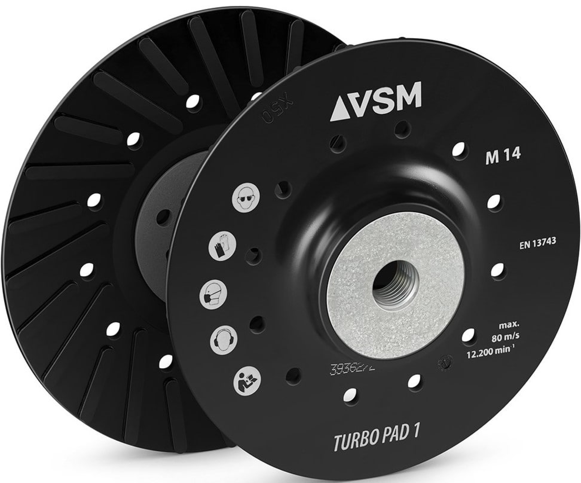 VSM TURBO PAD 1 731303, Ø 125 mm, M14 Gewinde, Schwarz, Hart, Stützteller mit Kühlrippen für Fiberscheibenscheiben mit Ø 22 mm Zentrieransatz für den VSM Winkelschleifer