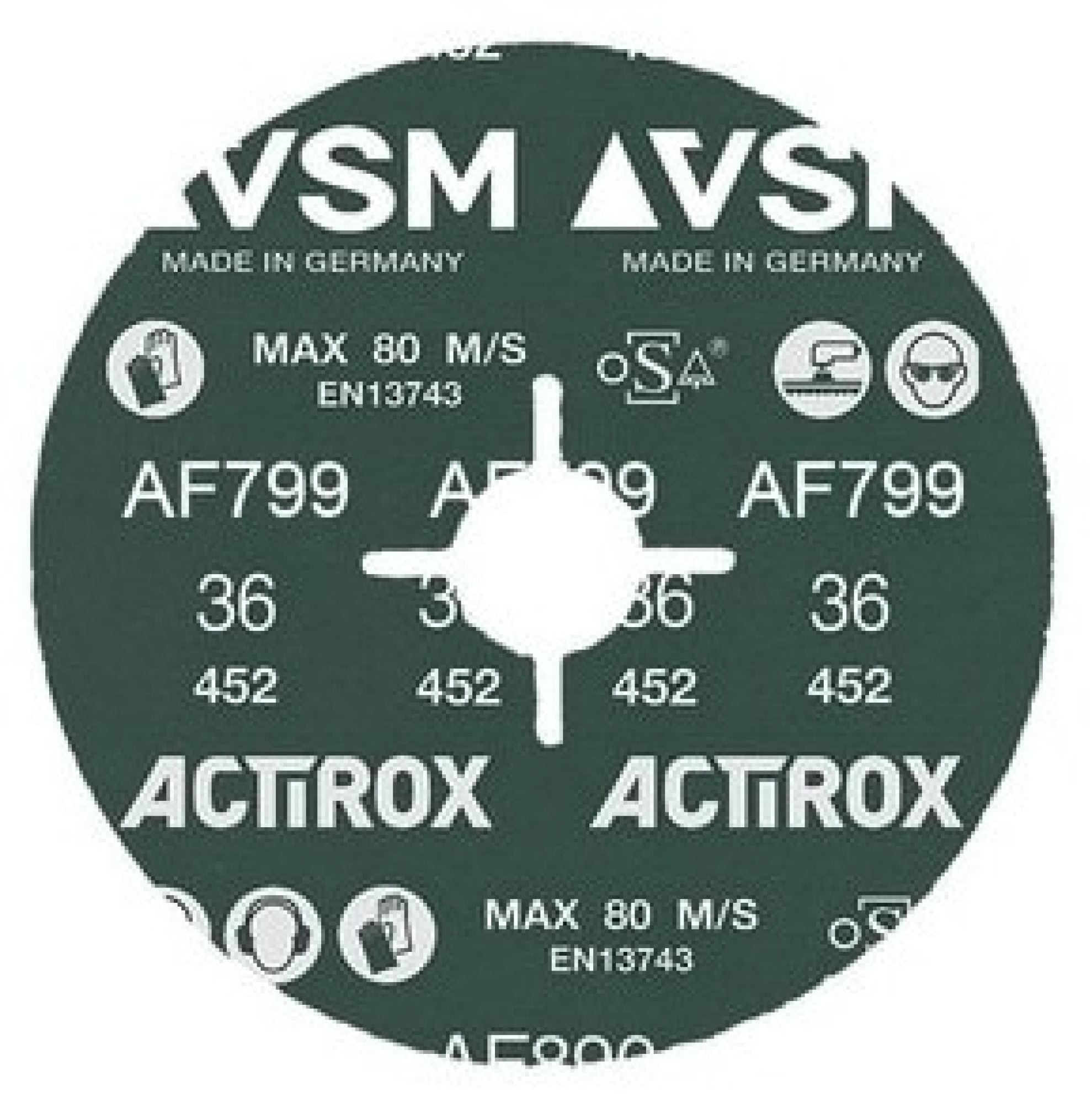 VSM ACTIROX AF799 787862, Ø 115 mm x ø 22,23 mm, P36, 4-fach Schlitz Ausführung (S1E), 13.300 U./Min., Fiberscheibe mit Präzisions-Keramikkorn für Baustahl und Aluminium