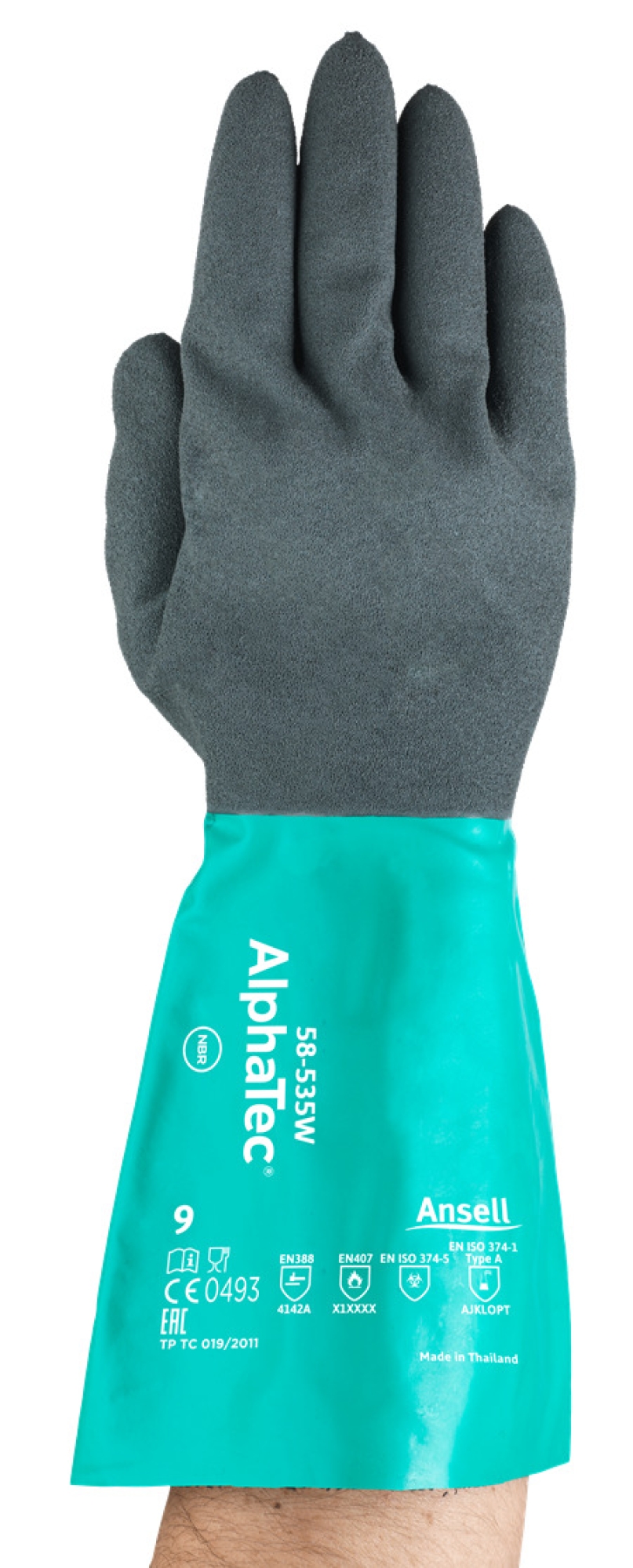 Ansell AlphaTec® 58-535W Chemikalienschutzhandschuh 58535W110, Für hohe Griffsicherheit bei Chemikalienkontakt, Größe 11, Grau, 340 mm lang, Mit Ansell Grip™ Technologie