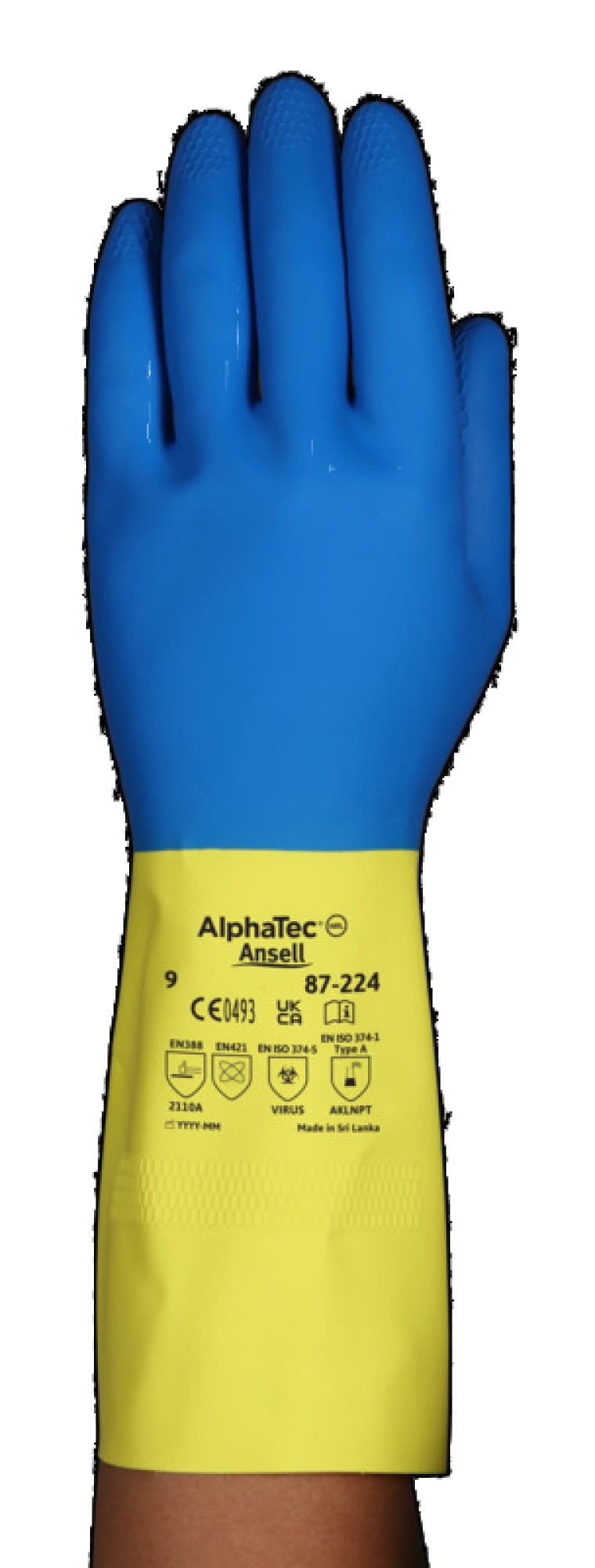 Ansell AlphaTec™ 87-224 Chemikalienschutzhandschuh 87224080, Für Labor, Industrie und Instandhaltung, Größe 8, Blau/Gelb, 325 mm lang, Verbesserte chemische Beständigkeit