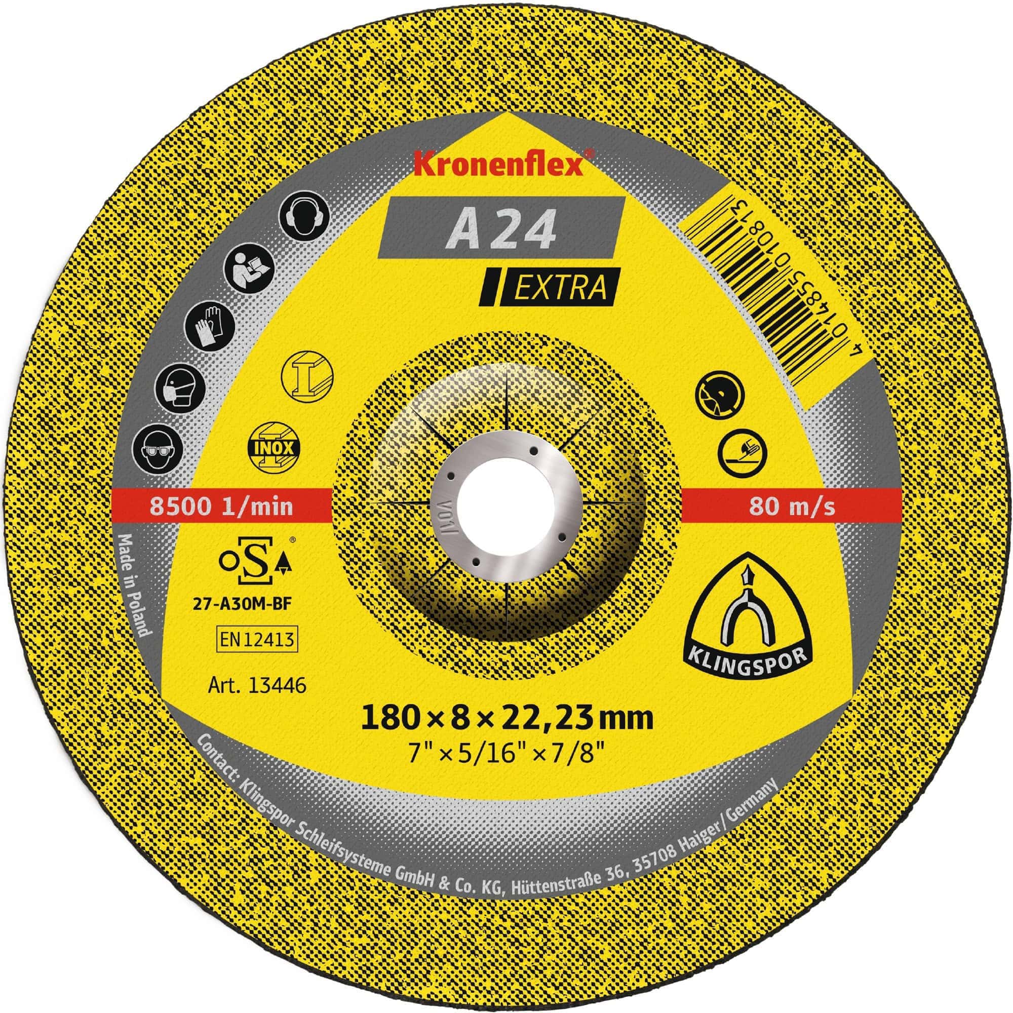 KLINGSPOR Kronenflex® A 24 Extra Schruppscheibe 13446, Ø 180 mm x 8 mm x 22 mm, P36, A, 8.500 U./Min., Typ 27 Gekröpft, Aluminiumkorn, Für Stahl, Edelstahl, Guss & universal Metallanwendungen