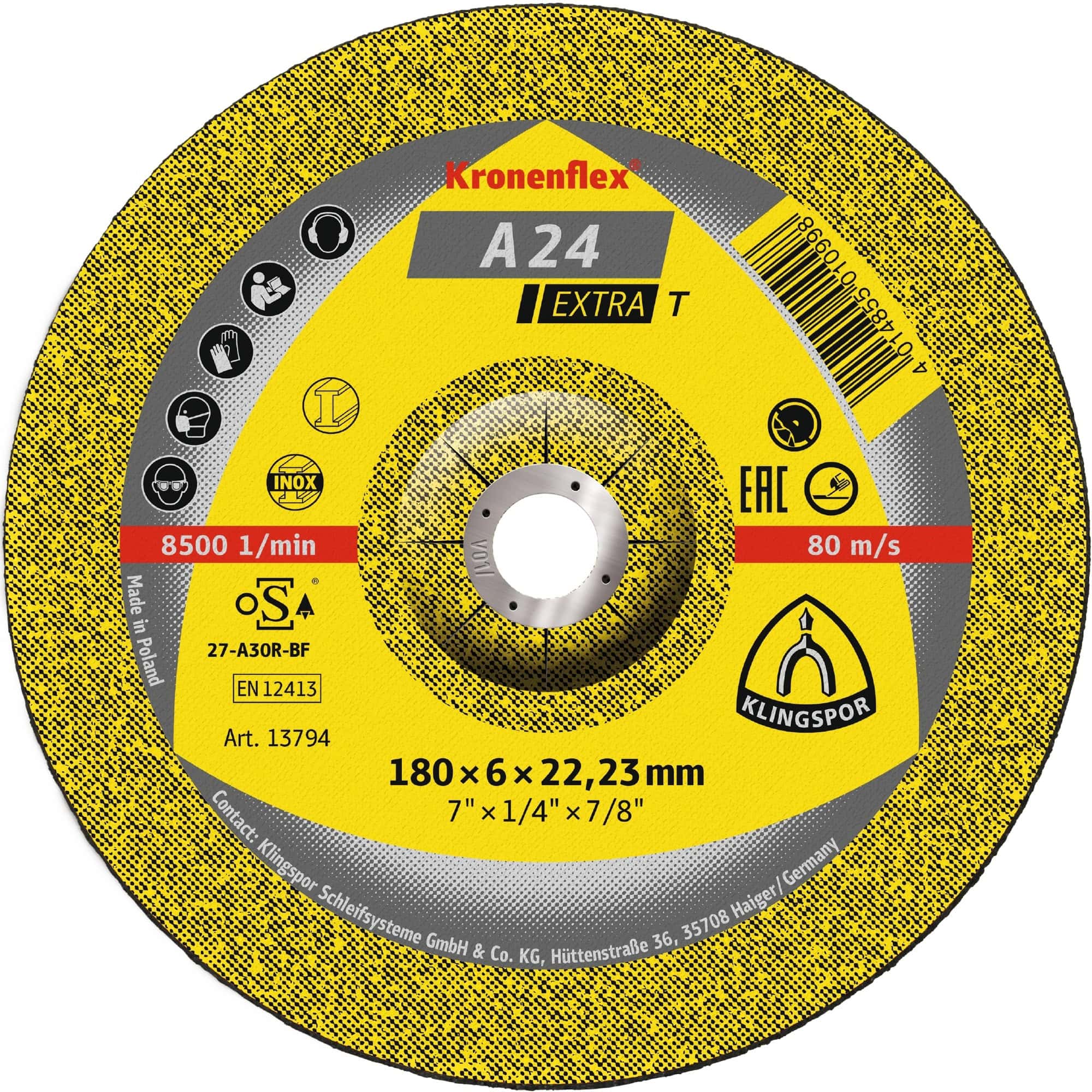 KLINGSPOR Kronenflex® A 24 Extra T Schruppscheibe 13794, Ø 180 mm x 6 mm x 22 mm, P36, A, 8.500 U./Min., Typ 27 Gekröpft, Aluminiumkorn, Für Stahl, Edelstahl, Guss & universal Metallanwendungen