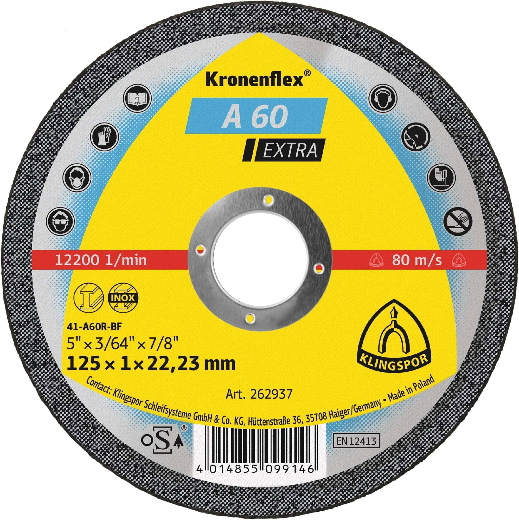 KLINGSPOR Kronenflex® A 60 Extra Trennscheiben Aktionsbox 721938, 100 Stück + Werkzeugbox, Ø 125 mm x 1 mm, ø 22 mm, P36, A, 12.200 U./Min., Typ 41 Gerade, Aluminiumkorn, Universell für alle Metalle