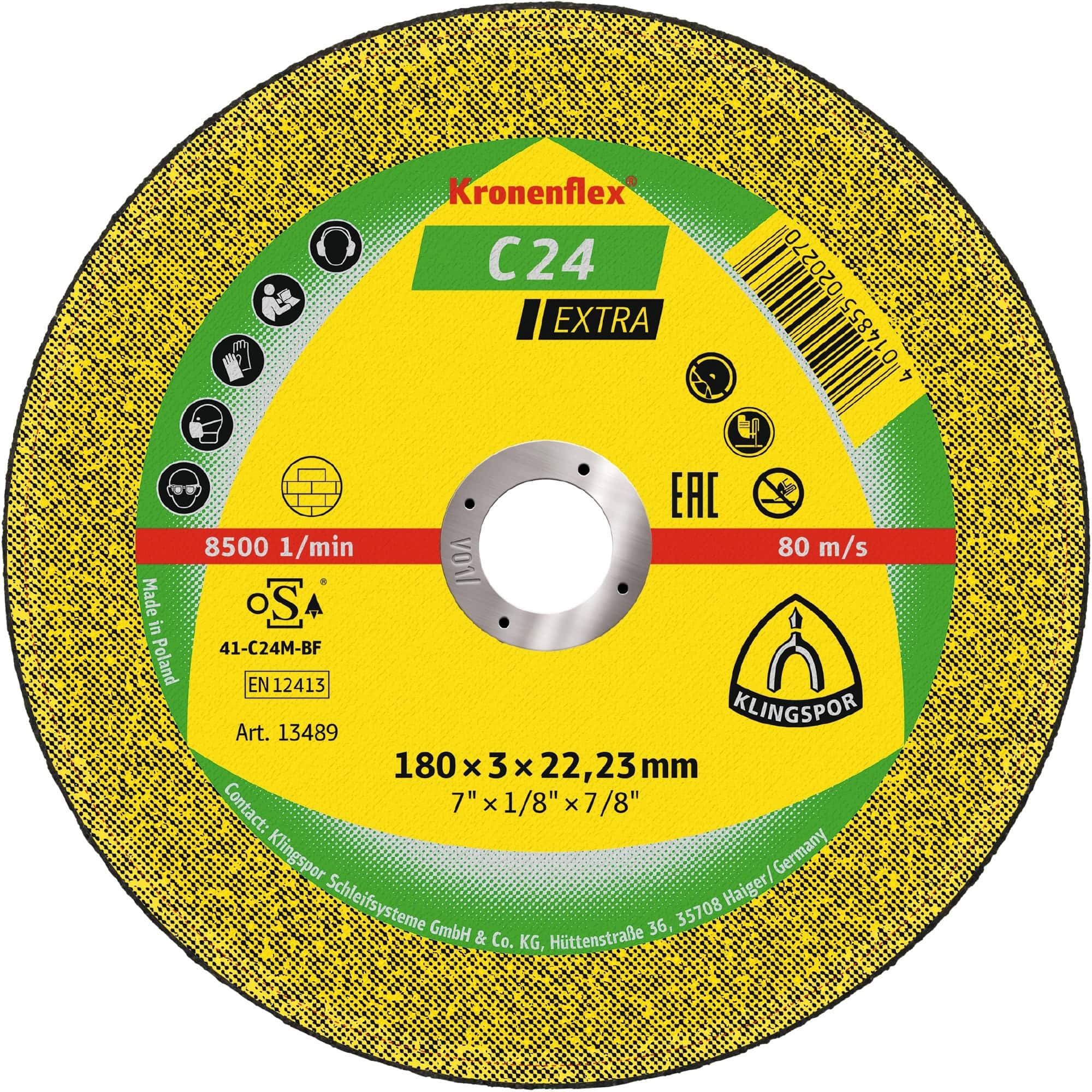 KLINGSPOR Kronenflex® C 24 Extra Trennscheibe 13489, Ø 180 mm x 3 mm x 22 mm, P36, S, 12.200 U./Min., Typ 41 Gerade, Siliziumkorn, Für Stein und Beton