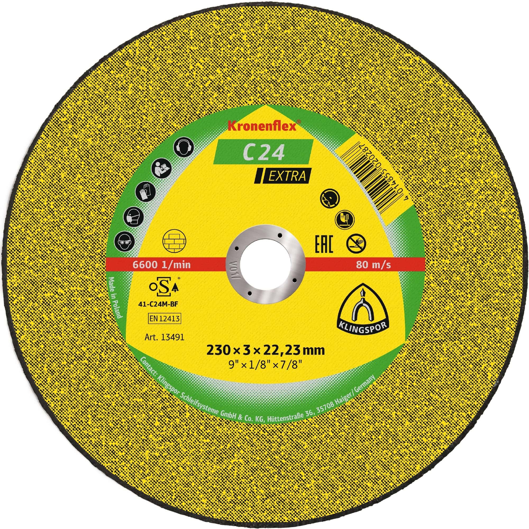 KLINGSPOR Kronenflex® C 24 Extra Trennscheibe 13491, Ø 230 mm x 3 mm x 22 mm, S, 6.600 U./Min., Typ 41 Gerade, Siliziumkorn, Für Stein und Beton