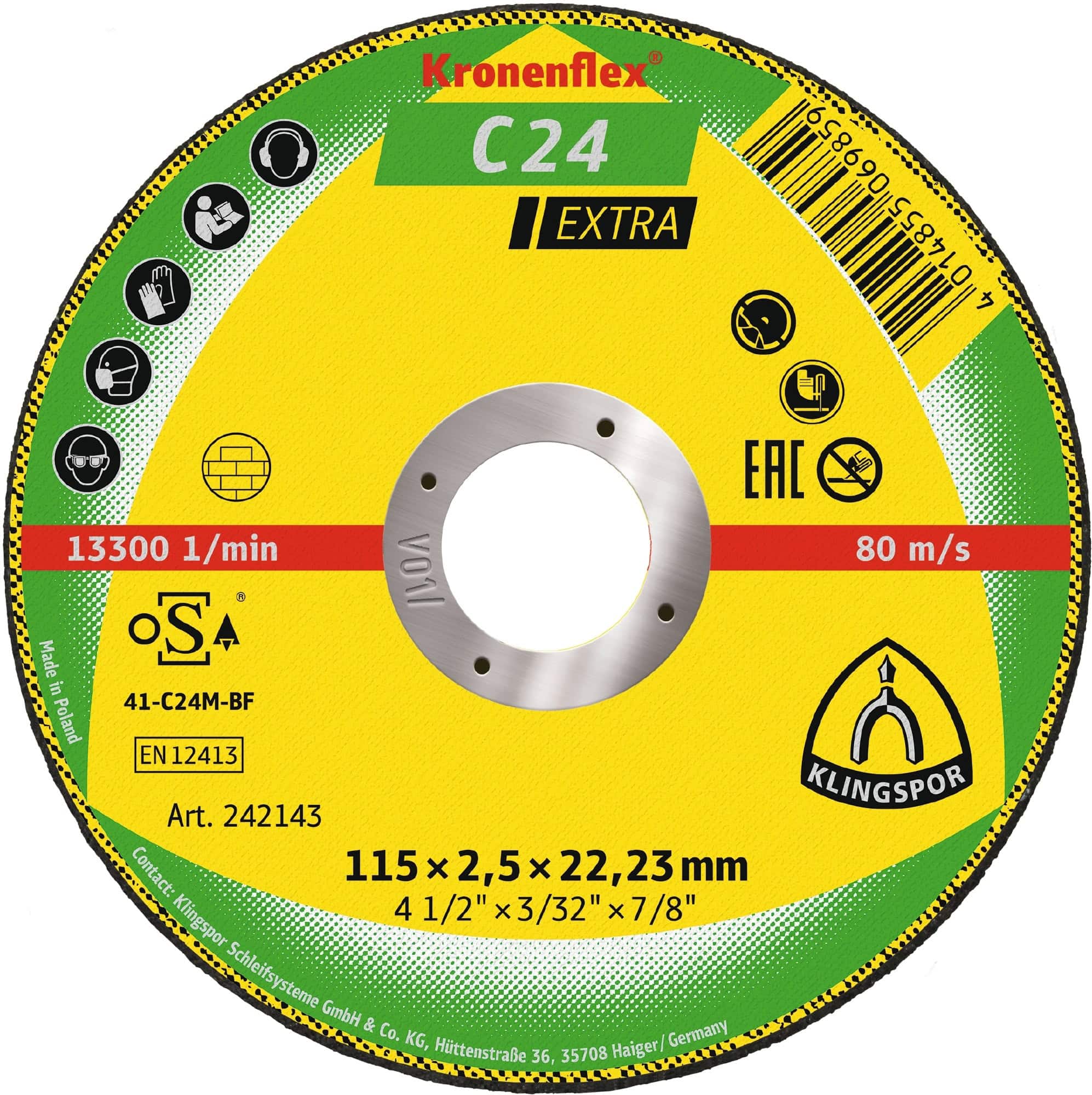 KLINGSPOR Kronenflex® C 24 Extra Trennscheibe 242143, Ø 115 mm x 2,5 mm x 22 mm, P36, S, 13.300 U./Min., Typ 41 Gerade, Siliziumkorn, Für Stein und Beton