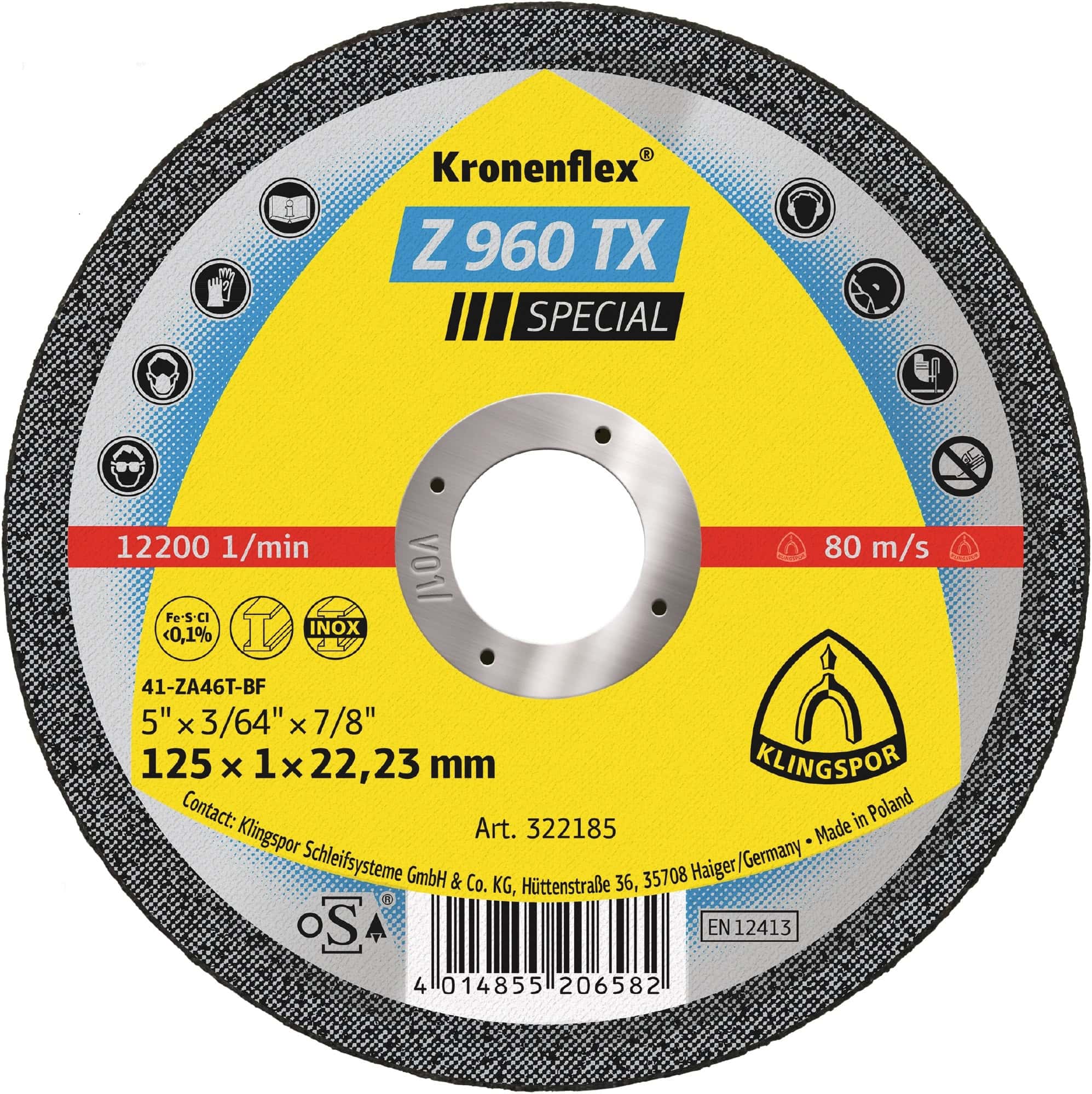 KLINGSPOR Kronenflex® Z 960 TX Special Trennscheibe 322185, Ø 125 mm x 1 mm x 22 mm, P60, Z, 12.200 U./Min., Typ 41 Gerade, Zirkonkorund, Für Edelstahl, Legierungen und Kohlenstoffstahl