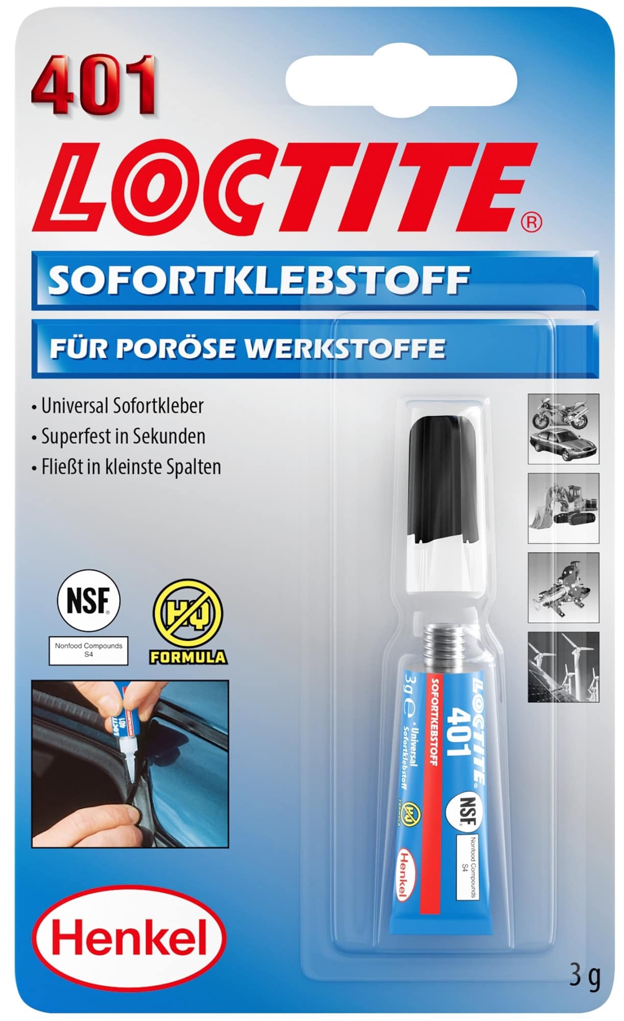 Henkel™ Loctite® 401 Sofortklebstoff, 3 g Blisterkarte, Transparent, 195904, Für Universelle Anwendungen