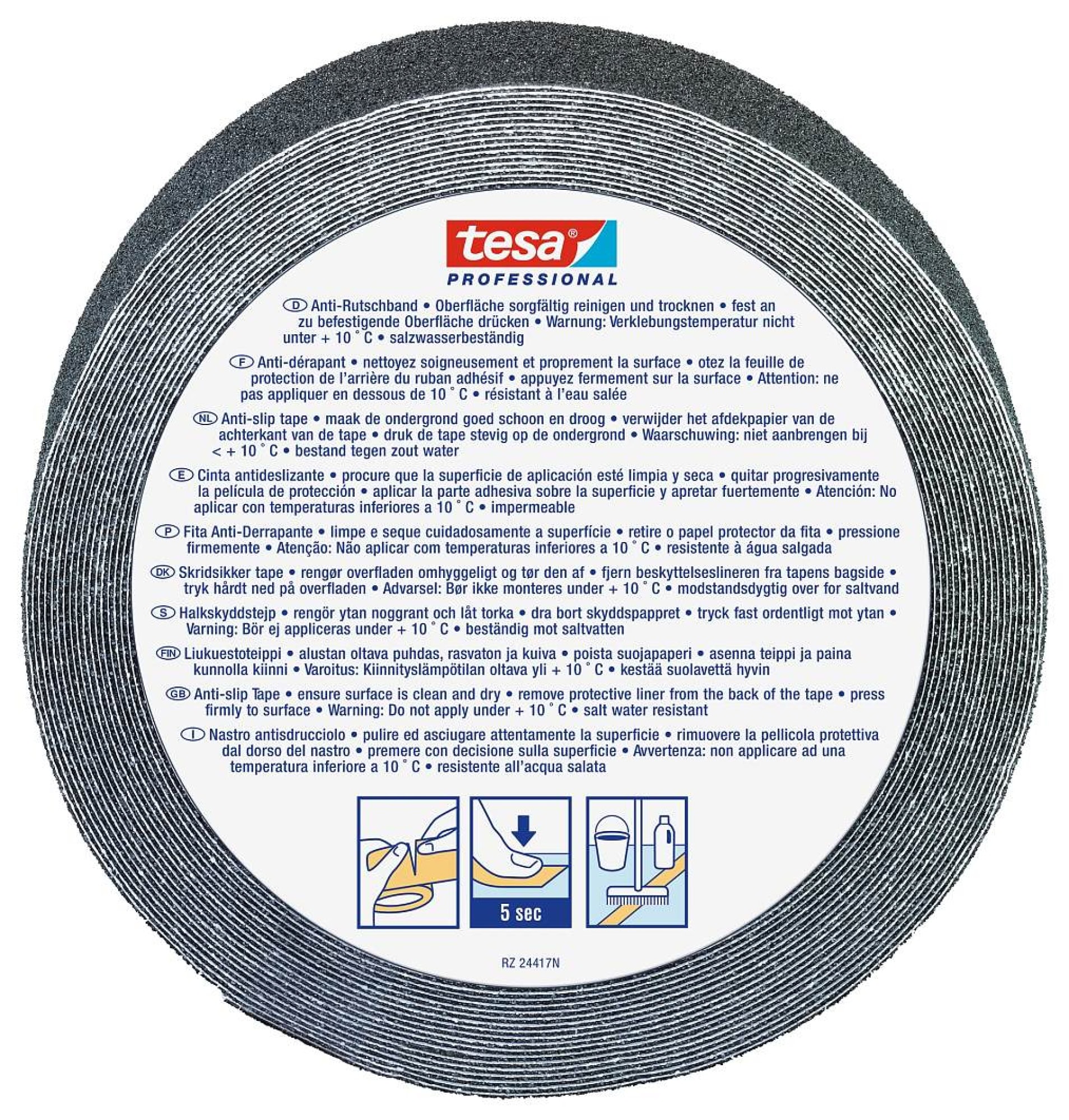 tesa® Professional 60950, 25 mm x 15 m, 0,9 mm, Schwarz, PVC, Universal Anti-Rutsch Klebeband, DIN 51130