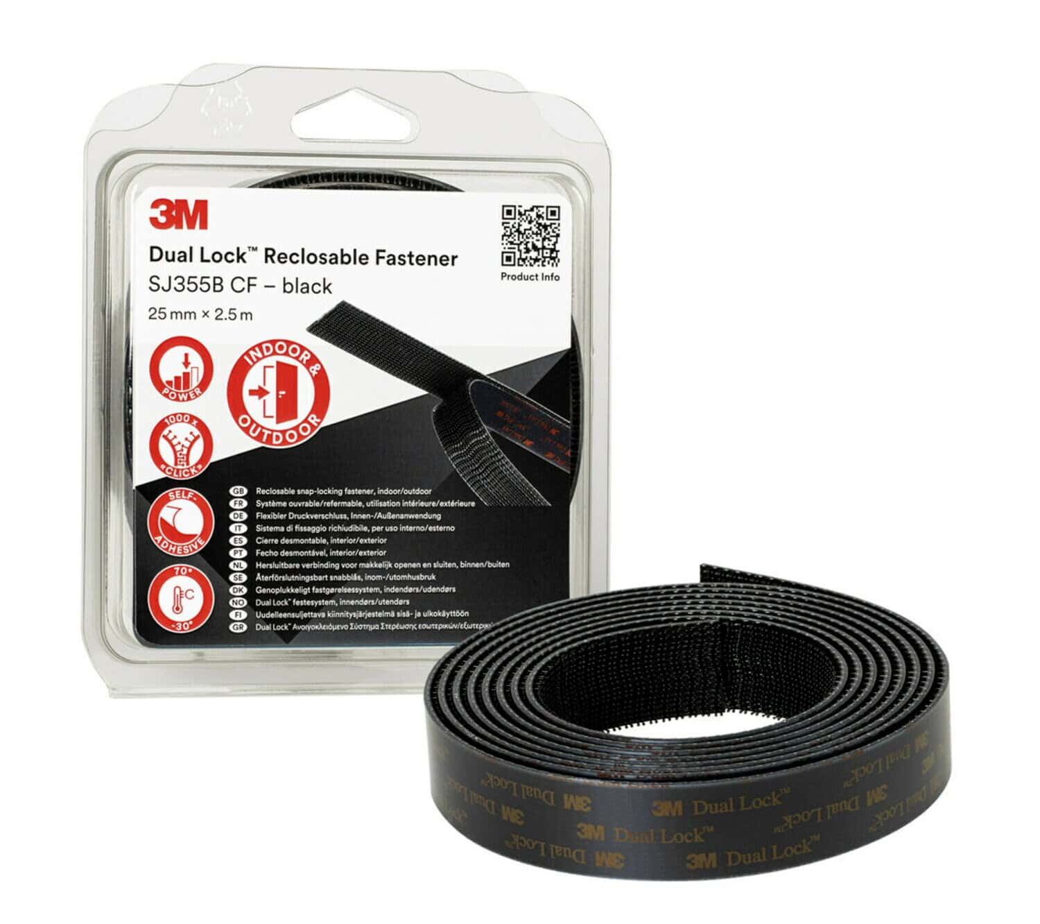 3M Dual Lock SJ355B CF, 25 mm x 2,5 m, 5,7 mm, Schwarz, Blisterpack, Flexibler Druckverschluss mit hoher Soforthaftung