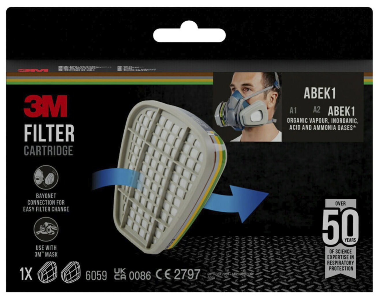 3M Gase- & Dämpfefilter 6059-1, ABEK1, Bajonett-Klick Filteranschluss, Inhalt: 2 Stück pro Karton, Filter gegen organische, anorganische, saure Gase &