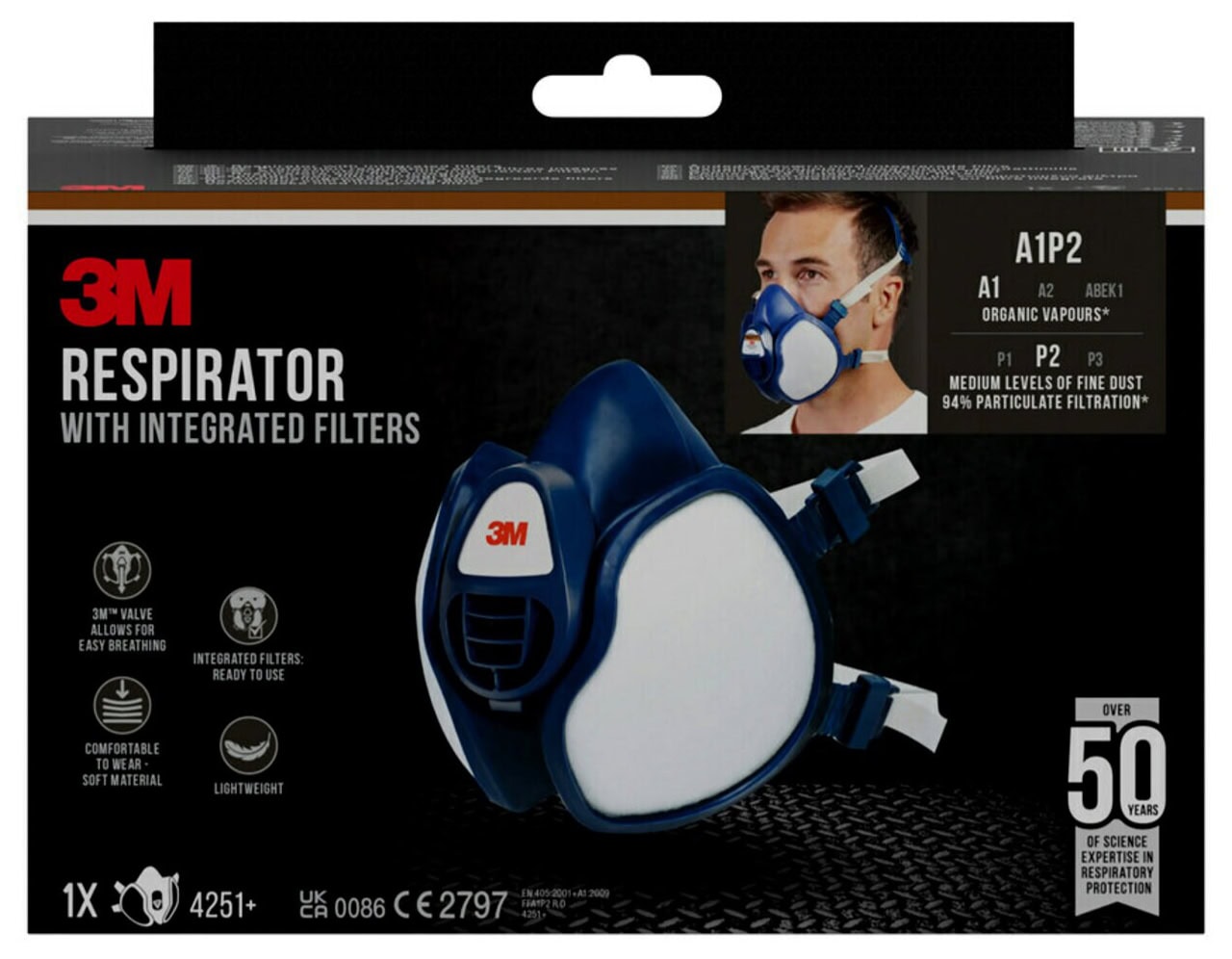 3M 4251-1, Komplett Halbmaske 4251+, FFA1P2 R D, Wartungsfrei & Gebrauchsfertig, Einzelhandels Packung mit EAN Label