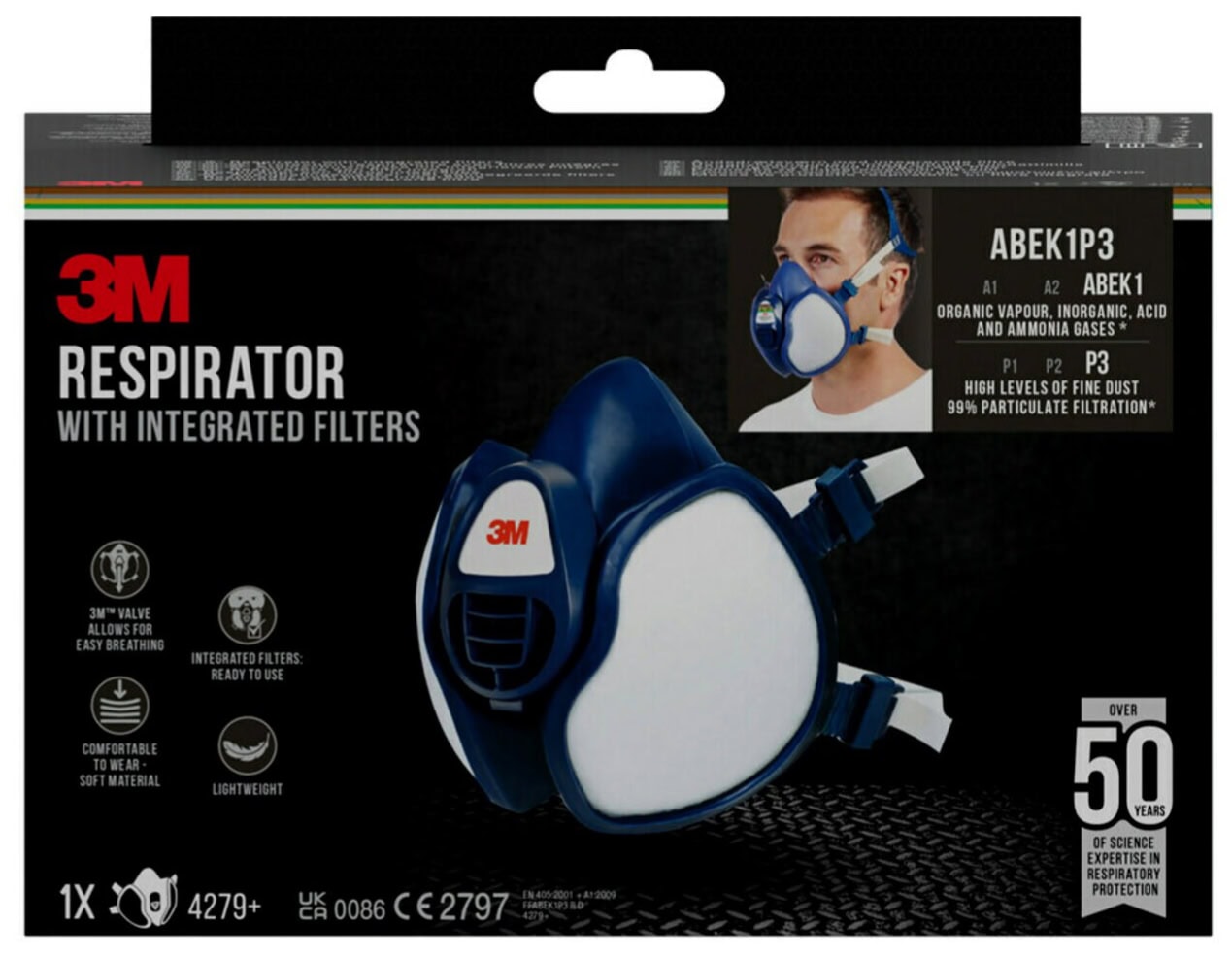 3M 4279-1, Komplett Halbmaske 4279+, FFABEK1P3 R D, Wartungsfrei & Gebrauchsfertig, Einzelhandels Packung mit EAN Label