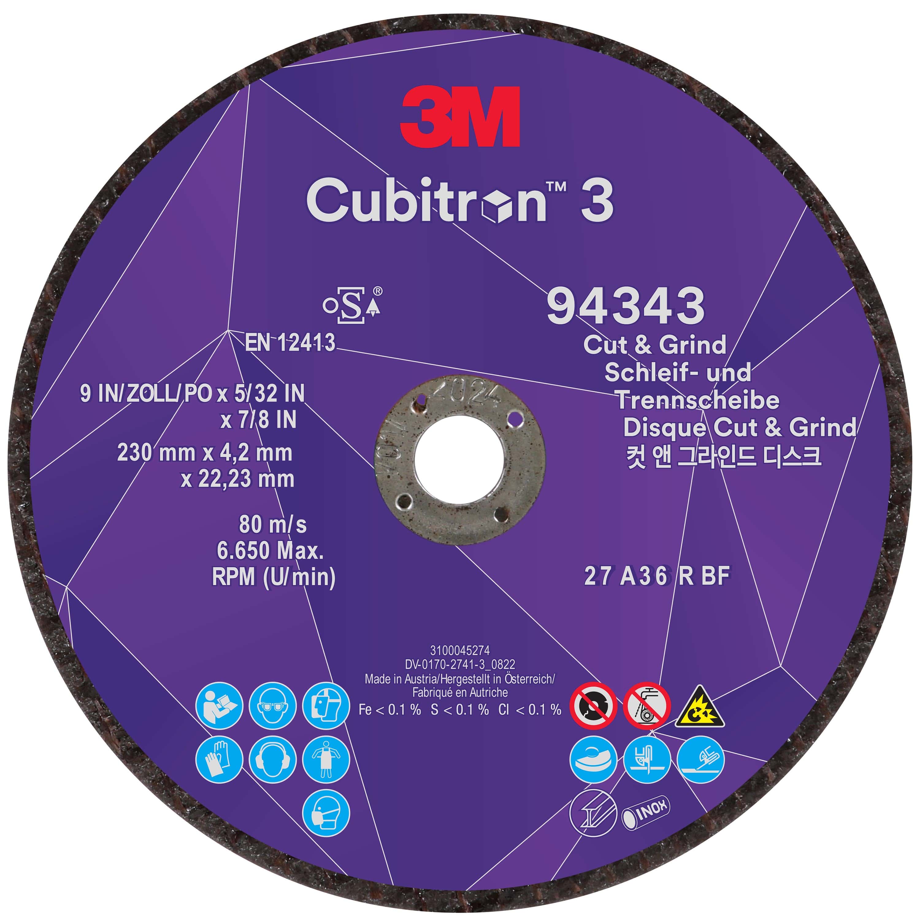 3M Cubitron 3 Cut and Grind Schruppscheibe 94343, Ø 230 mm x 4,2 mm, ø 22 mm, 36+, 6.650 U./Min., Typ 27 Gekröpft, Präzisions-Keramikkorn, Für alle 