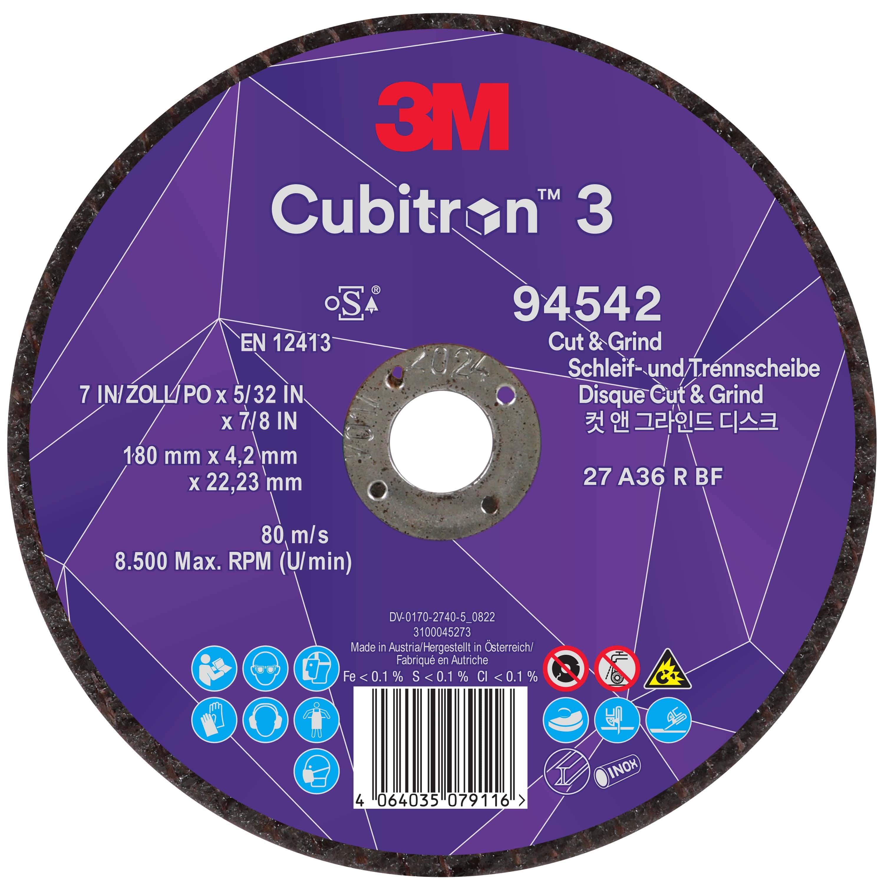 3M Cubitron 3 Cut and Grind Schruppscheibe 94542, Ø 180 mm x 4,2 mm, ø 22 mm, 36+, 8.500 U./Min., Typ 27 Gekröpft, Präzisions-Keramikkorn, Für alle