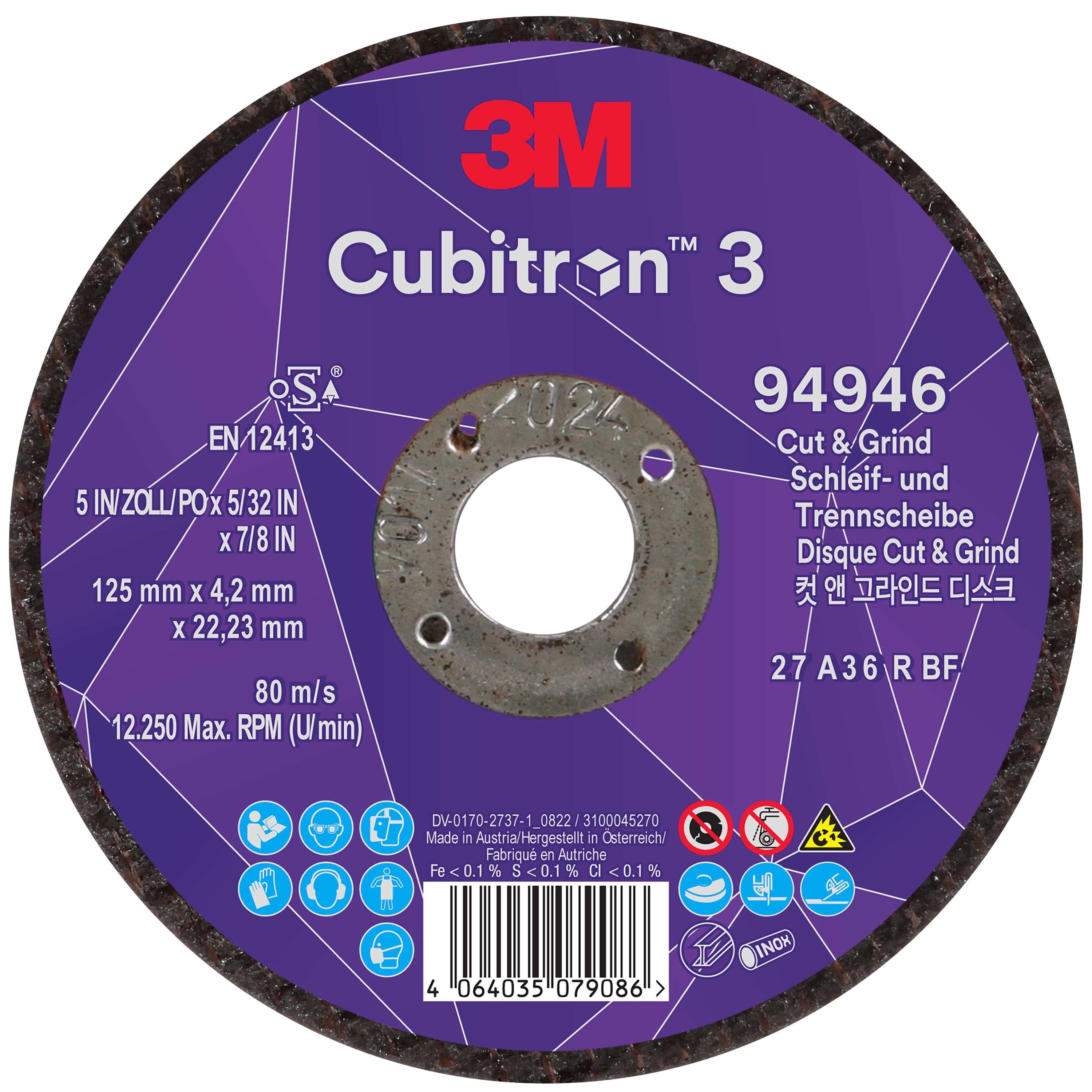 3M Cubitron 3 Cut and Grind Schruppscheibe 94888, Ø 150 mm x 4,2 mm, ø 22 mm, 36+, 10.200 U./Min., Typ 27 Gekröpft, Präzisions-Keramikkorn, Für alle