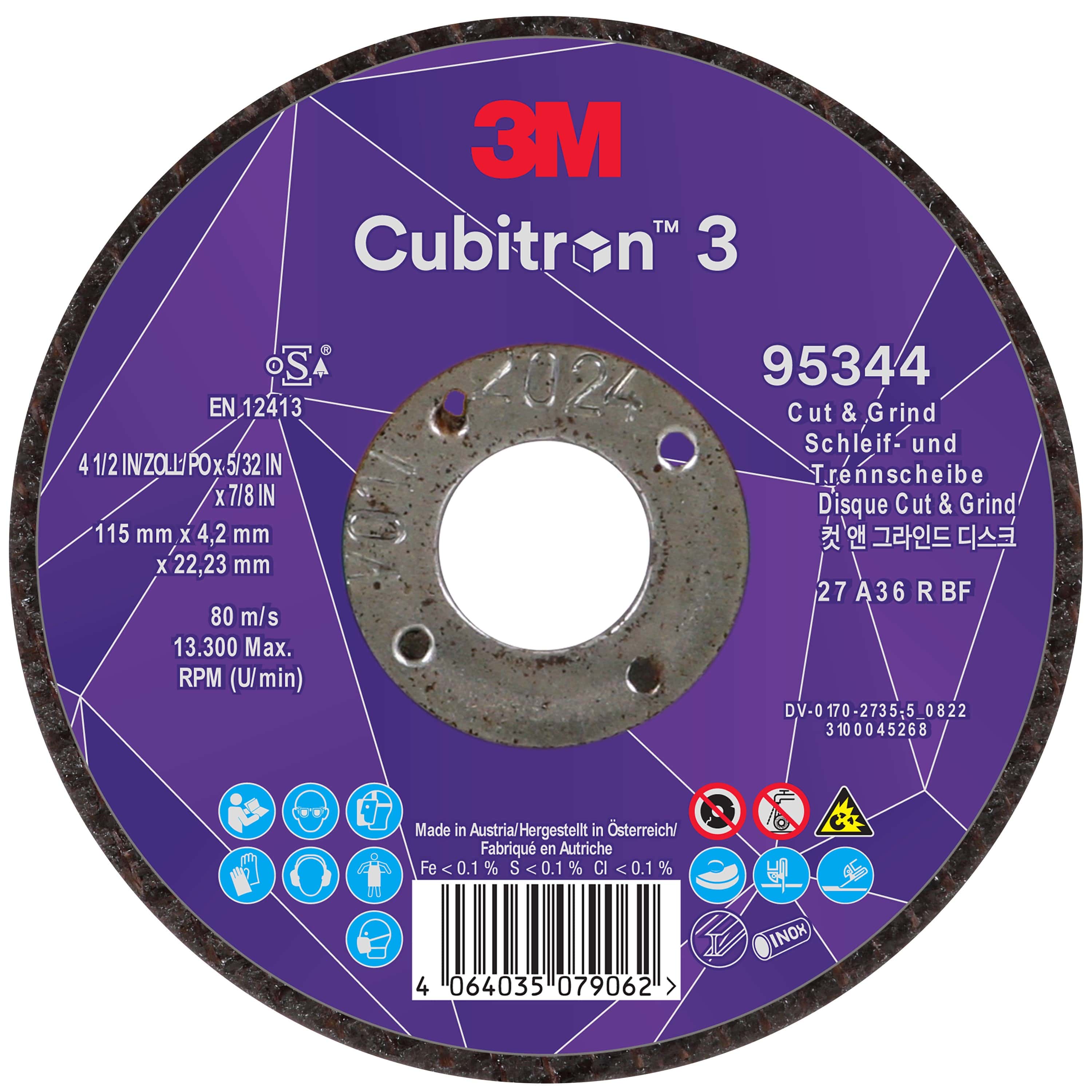 3M Cubitron 3 Cut and Grind Schruppscheibe 95344, Ø 115 mm x 4,2 mm, ø 22 mm, 36+, 13.300 U./Min., Typ 27 Gekröpft, Präzisions-Keramikkorn, Für alle