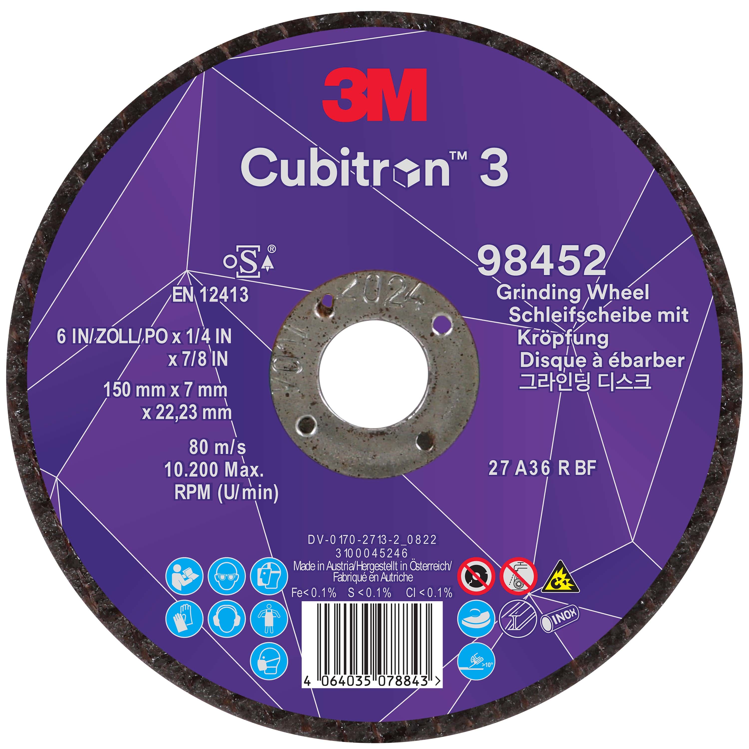 3M Cubitron 3 Schruppscheibe 98452, Ø 150 mm x 7,0 mm, ø 22 mm, 36+, 10.200 U./Min., Typ 27 Gekröpft, Präzisions-Keramikkorn, Für alle Schrupparbeiten