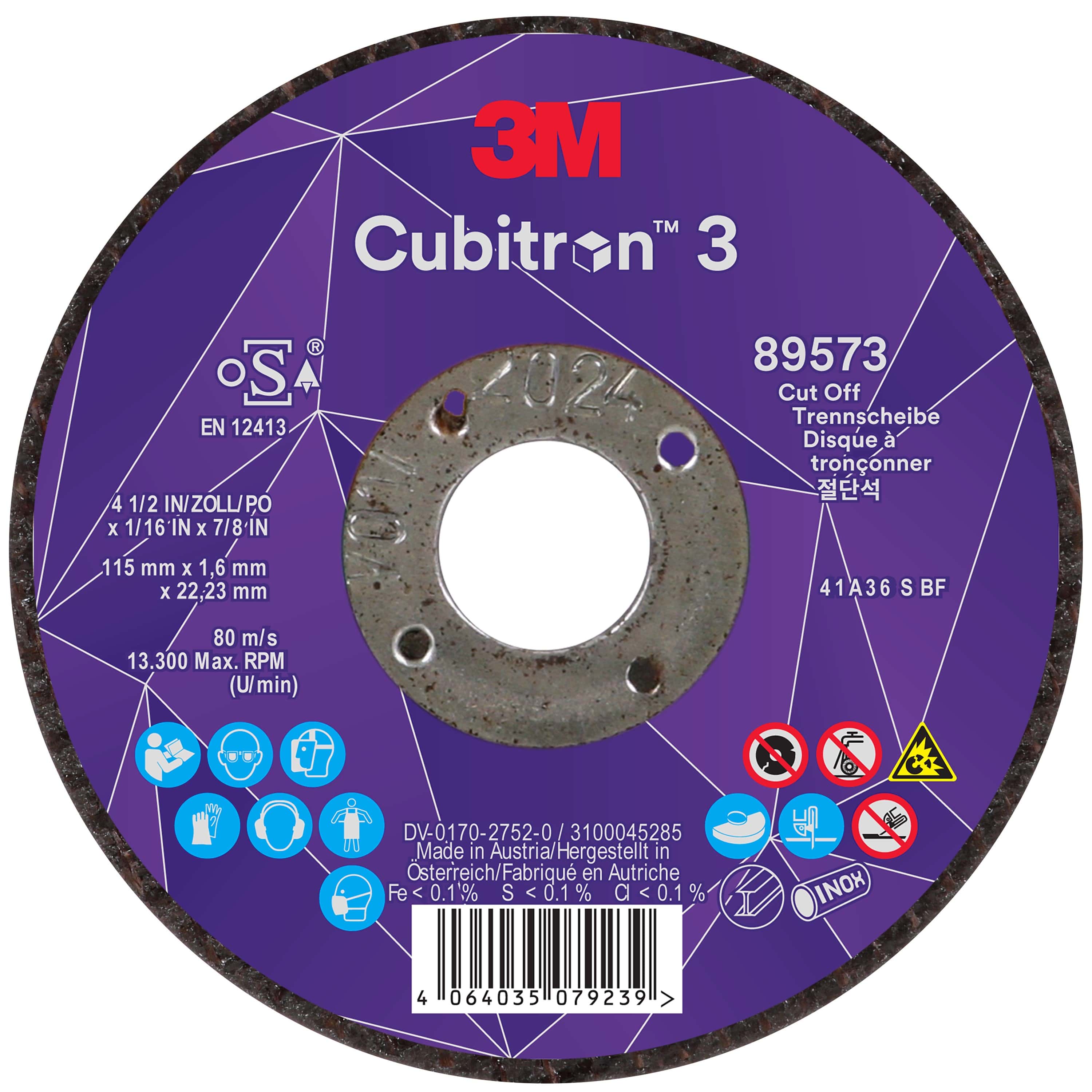 3M Cubitron 3 Trennscheibe 89573, Ø 115 mm x 1,6 mm, ø 22 mm, 36+, 13.300 U./Min., Typ 41 Gerade, Präzisions-Keramikkorn, Für alle Trennarbeiten
