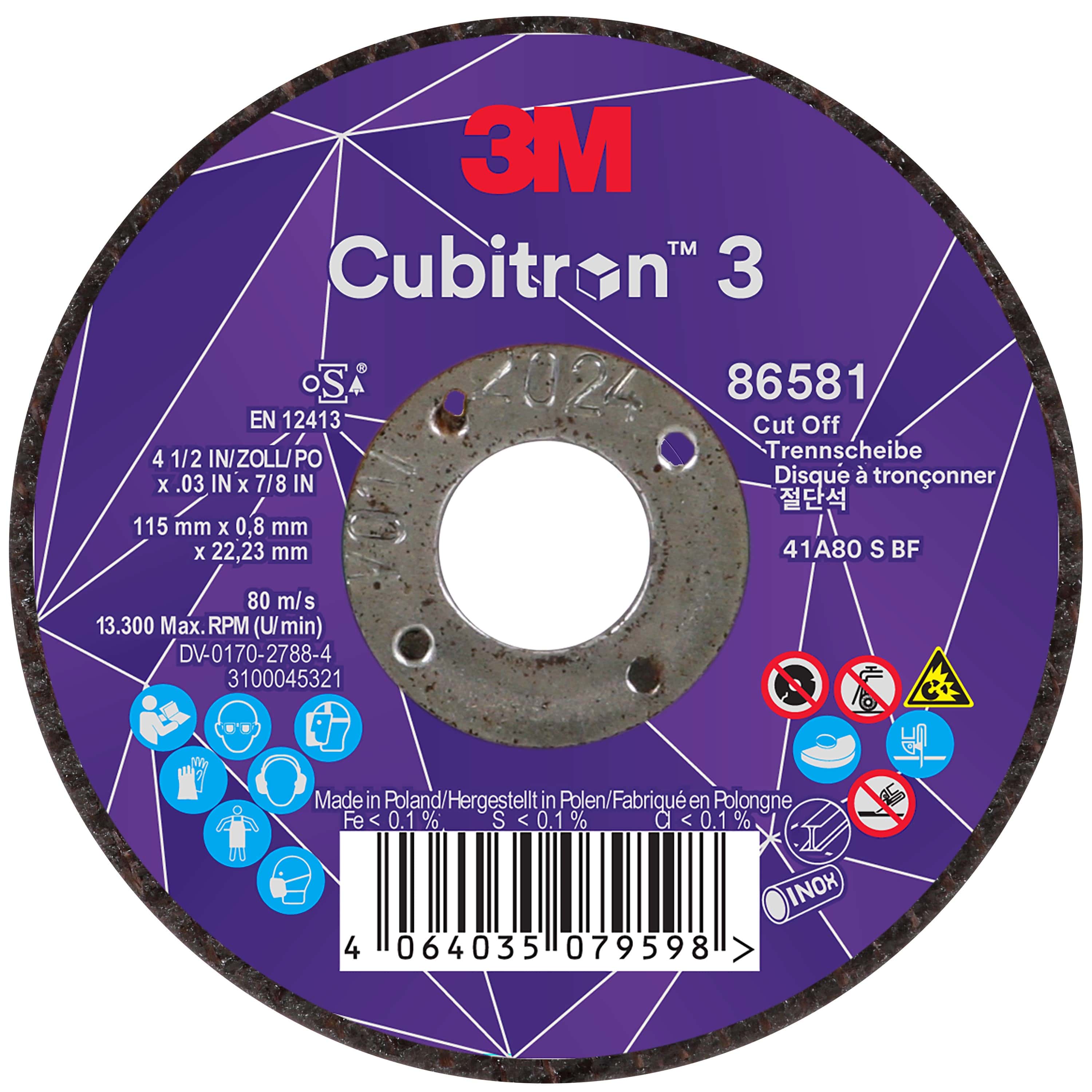 3M Cubitron 3 Trennscheibe 86581, Ø 115 mm x 0,8 mm, ø 22 mm, 80+, 13.300 U./Min., Typ 41 Gerade, Präzisions-Keramikkorn, Für alle Trennarbeiten
