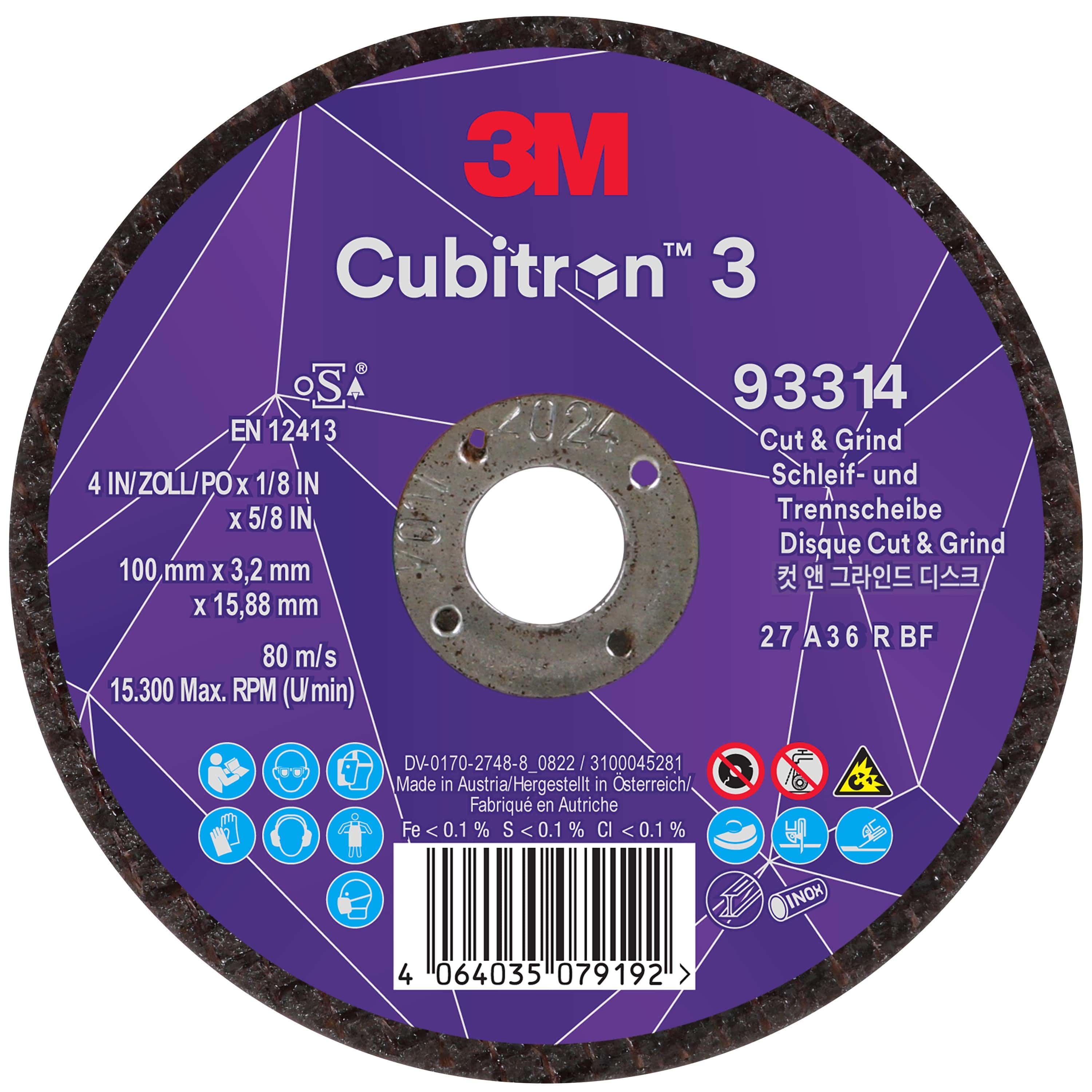 3M Cubitron 3 Cut and Grind Schruppscheibe 93314, Ø 100 mm x 3,2 mm, ø 16 mm, 36+, 15.300 U./Min., Typ 27 Gekröpft, Präzisions-Keramikkorn, Für alle