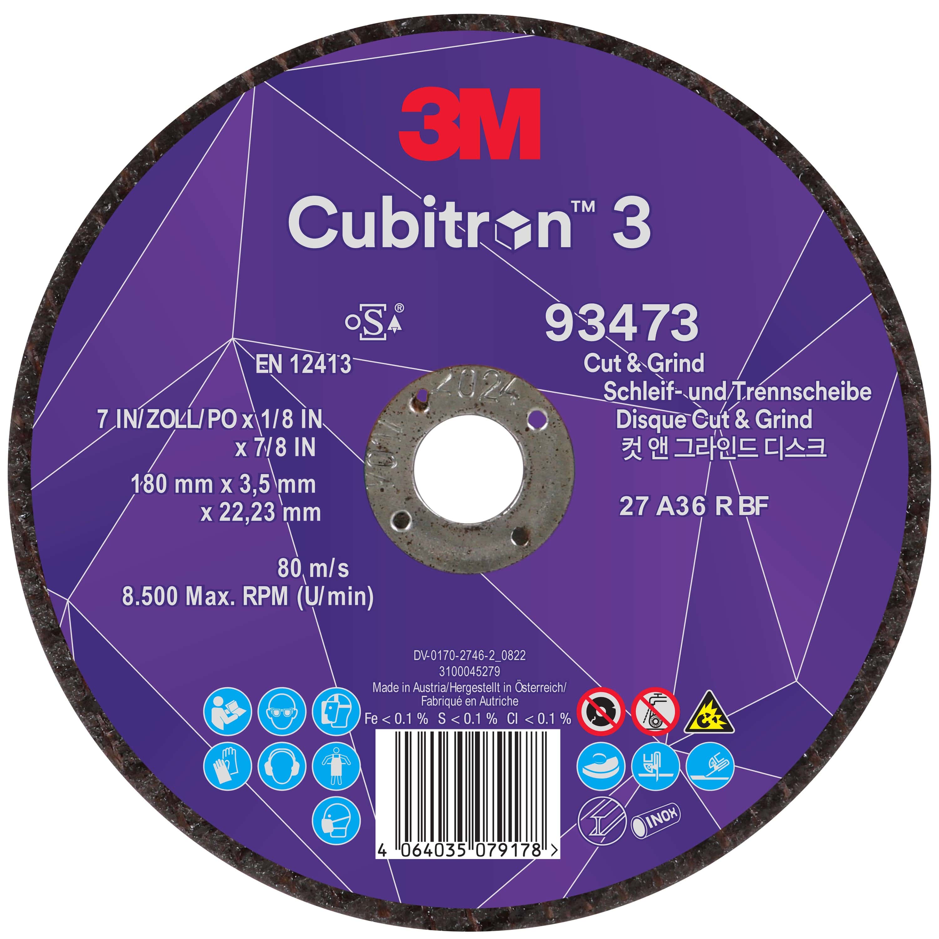 3M Cubitron 3 Cut and Grind Schruppscheibe 93498, Ø 125 mm x 3,2 mm, ø 22 mm, 36+, 12.250 U./Min., Typ 27 Gekröpft, Präzisions-Keramikkorn, Für alle