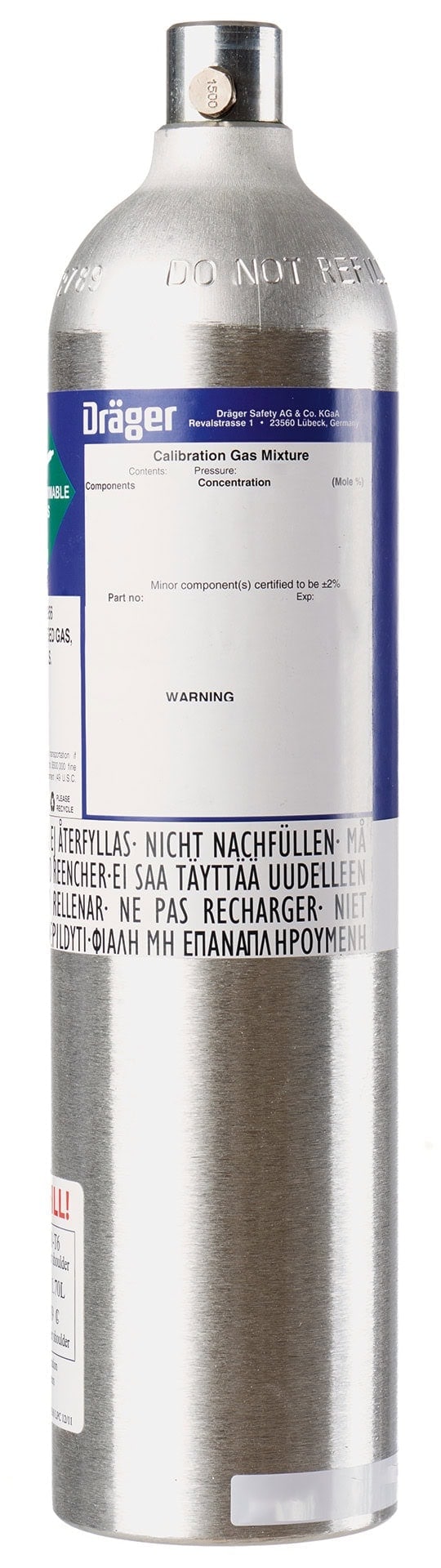 Dräger Prüfgas 6810695, C2H5OH / Luft [Ethanol], 260,5 ppm, 103 Liter, 50,3 bar, Eingas Zylinder, Nicht reaktiv Gas, Testgaszylinder für Test 