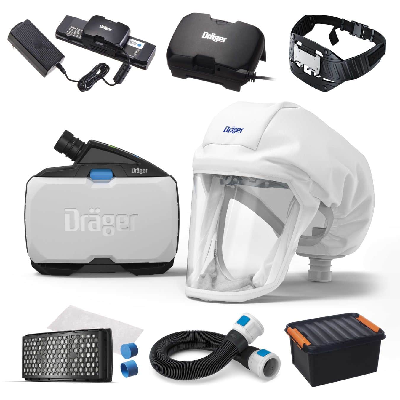 Dräger X-plore 8500 Starterpaket mit Haube VN01389, TH3, Größe L/XL, Partikel- Gase- & Dämpfeschutz, Leicht-Industrie, Teile: [R59545, R59810, R59600,