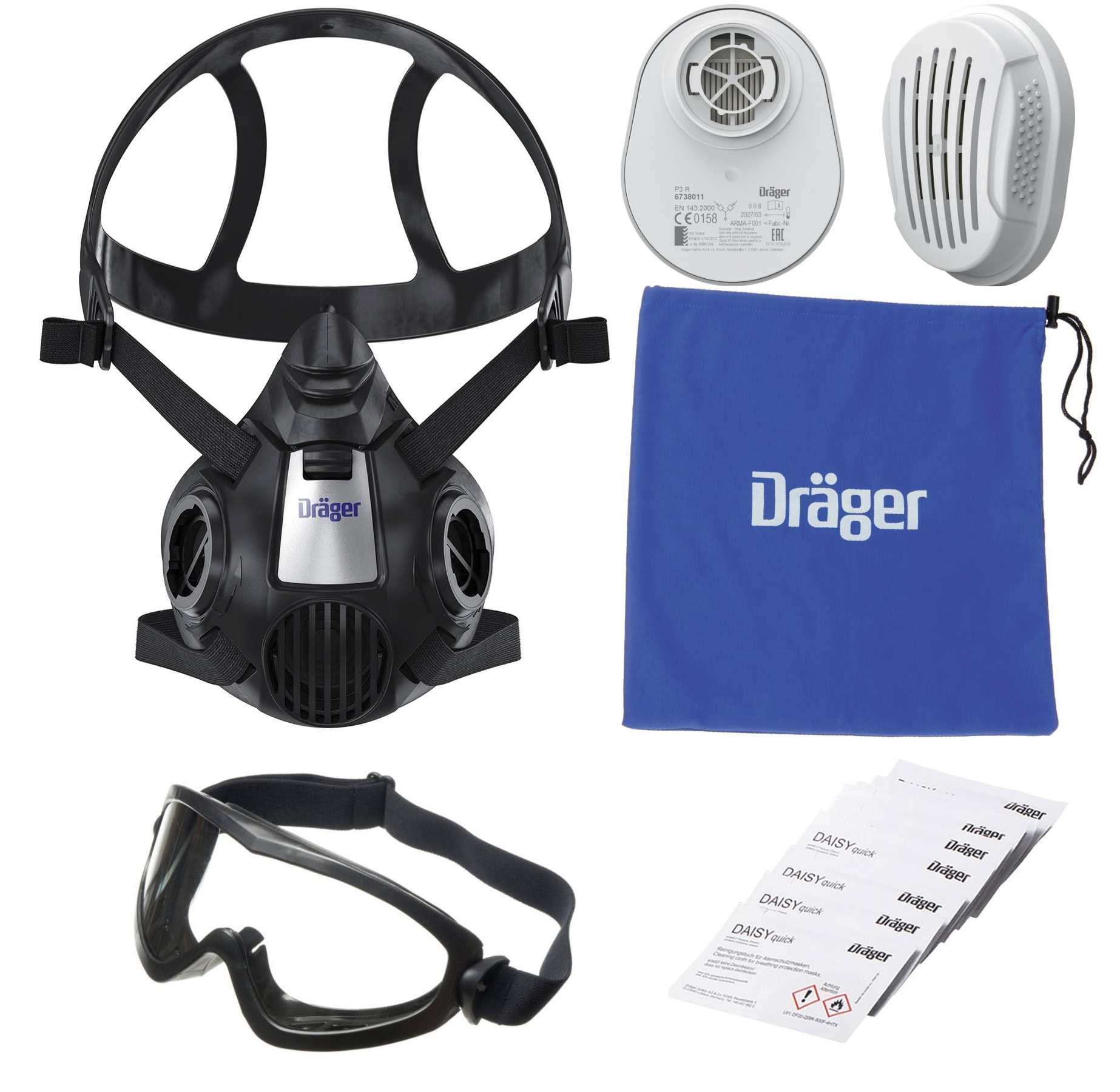 Dräger X-plore 3500 Gasmaske / Halbmaske P3 R Filter Waldbrand Set 3720709, Größe S, Dräger Flex, Dräger Bajonett-Klick Filteranschluss