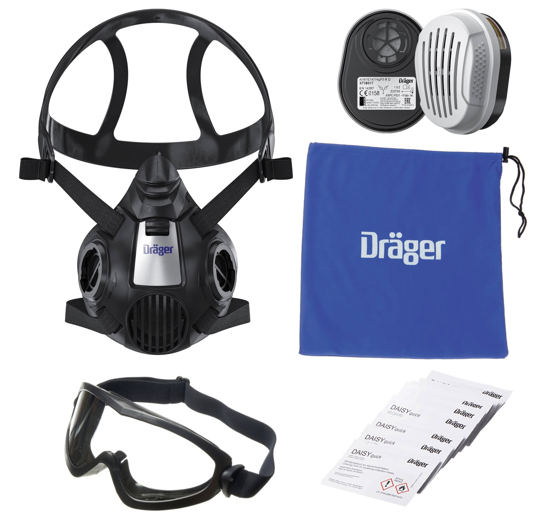 Dräger X-plore 3500 Gasmaske / Halbmaske A1B1E1K1 Hg P3 R D Filter Waldbrand Set 3707009, Größe S, Dräger Flex, Dräger Bajonett-Klick Filteranschluss