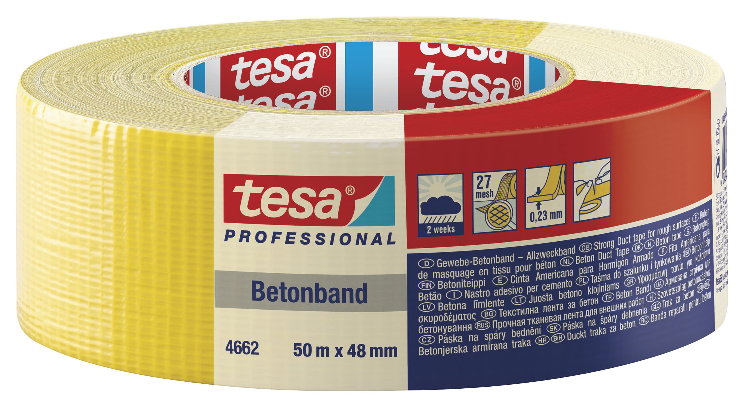 tesa Professional Stein- & Betonband 4662, 48 mm x 50 m, 0,23 mm, Gelb, EAN Einzelhandels Variante, Allzweck Gewebeband ideal für Putz- und 