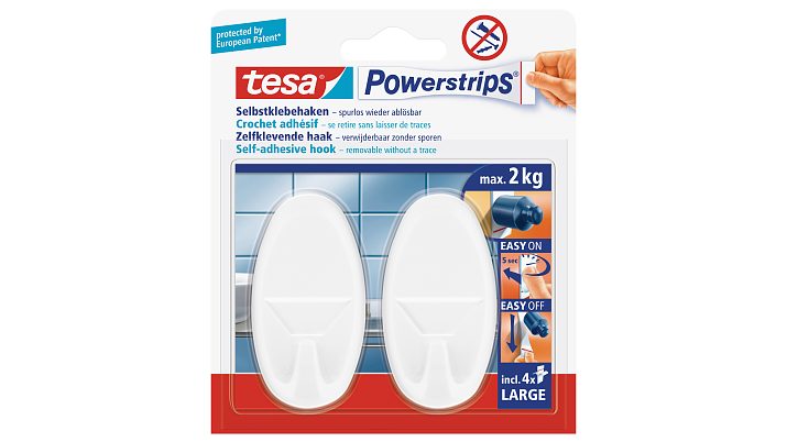 tesa 58013, 2 Stück, Oval, Weiß, Bis 2kg, Wieder ablösbar, Haken Large Oval