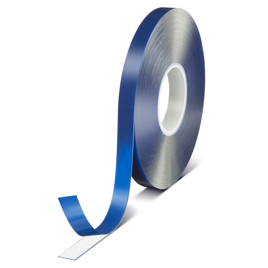 tesa ACXplus 7055, 900 mm x 25 m, 1 mm, Transparent, Blaue Abdeckung, PV 28, Doppelseitiges Acrylatkern-Klebeband