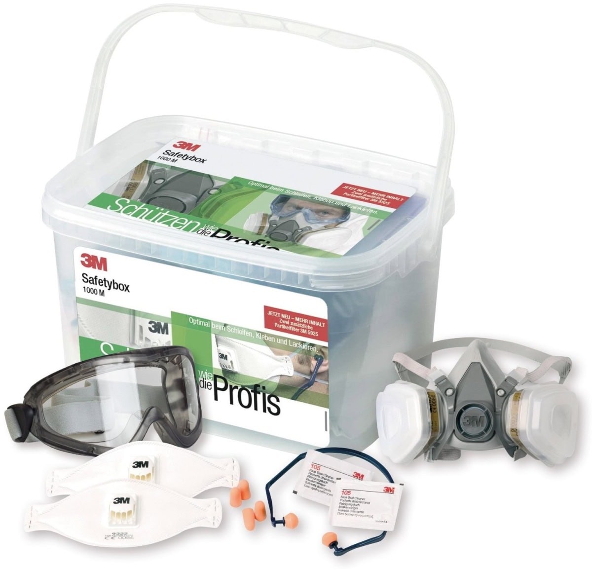 3M™ Safety Box 1000M, Größe M, Profi Atemschutz Starterset für Schleif-, Klebe- und Lackierarbeiten, 6200M, A2P2 R Filterset, FFP2 Atemschutzmaske, Bajonett-Klick Filteranschluss