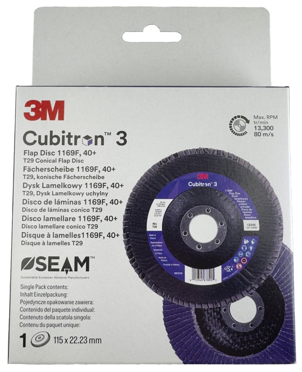 3M™ Cubitron™ 3 Fächerschleifscheibe 1169F Testkit 7100411494, Ø 115 mm x ø 22 mm, 40+, 1 Stück pro Packung, 13.200 U./Min., Typ 29 Konisch, K, Präzisions-Keramikkorn, Für Abtragsarbeiten in der Metallbearbeitung