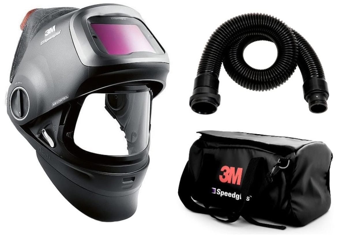 3M™ Speedglas™ Schweißmaske G5-01 mit Schweißfilter G5-01/03NC und Adflo™ High-Altitude Gebläseeinheit, 617810, inkl. QRS-Luftschlauch und Tasche, TH3, 4A/3B, Kopfband + Textilkopfschutz; Teile: [617800 + 610010]