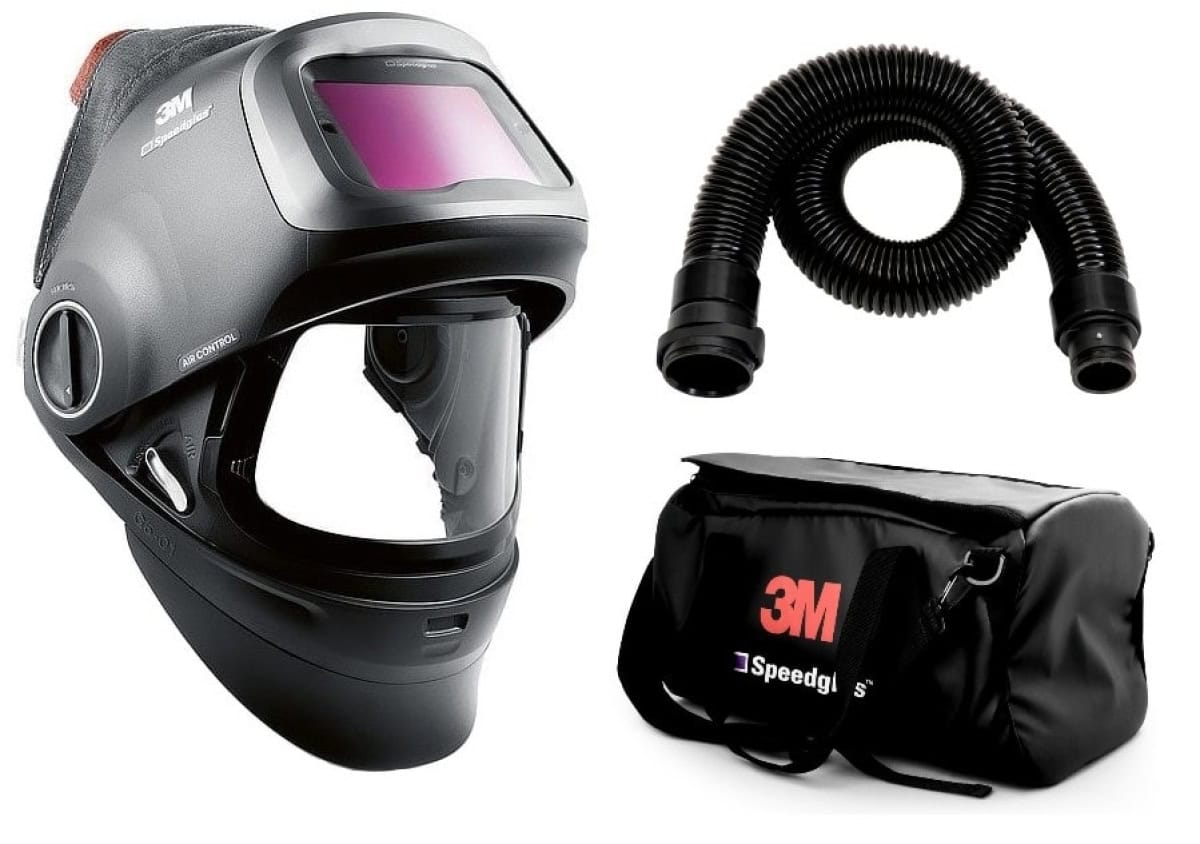 3M™ Speedglas™ Schweißmaske G5-01 mit Schweißfilter G5-01/03NC, 611111, inkl. QRS-Luftschlauch und Tasche, TH3, 4A/3B, Kopfband + Textilkopfschutz; Teile: [611100 + 610010 + 834016 + 790105]