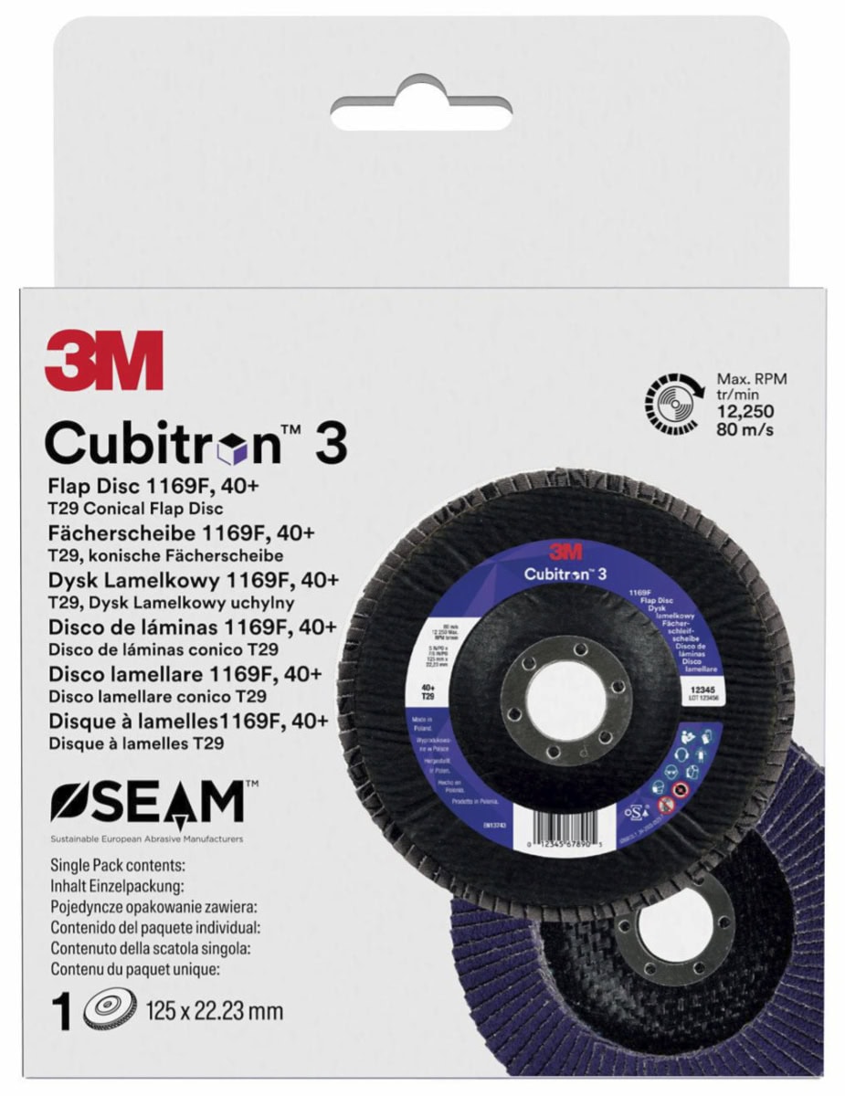 3M™ Cubitron™ 3 Fächerschleifscheibe 1169F Testkit 7100411494, Ø 115 mm x ø 22 mm, 40+, 1 Stück pro Packung, 13.200 U./Min., Typ 29 Konisch, K, Präzisions-Keramikkorn, Für Abtragsarbeiten in der Metallbearbeitung