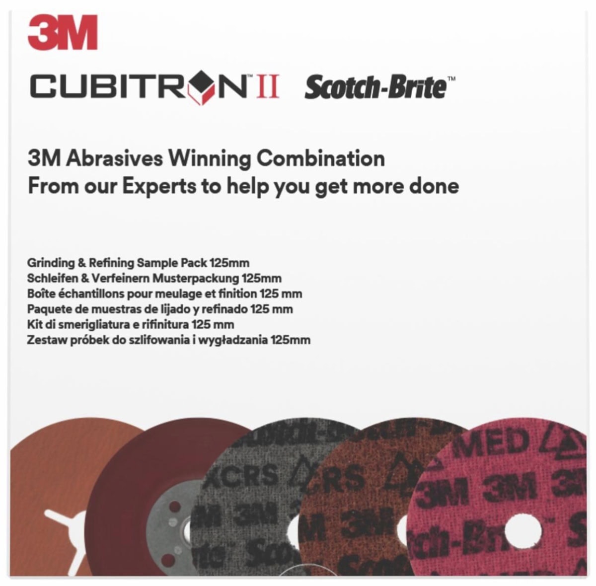 3M™ Grinding & Refining Kit 787C-125-SAMPLE, 3x 787C Fiberscheibe in 125 mm mit Korn 120+, 1x PN-DH Vliesscheibe in 125 mm in Feinheit Extra Grob, Grob & Mittel + 1x Hochleistungsfiberscheibenstützteller