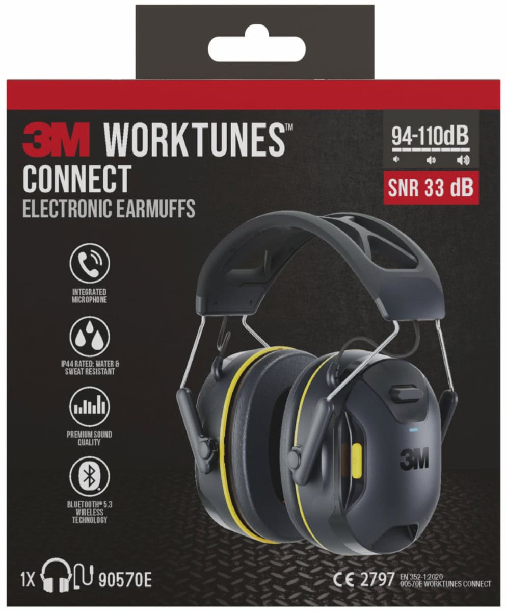 3M™ PELTOR™ WorkTunes™ Connect Kommunikations Kapselgehörschutz mit Bluetooth® 90570E-1, SNR = 33 dB, Für laute Umgebungen und zum streamen von Telefonaten, Musik und Podcasts, Schwarz, Kabellos, Integriertes Mikrofon, Bluetooth®