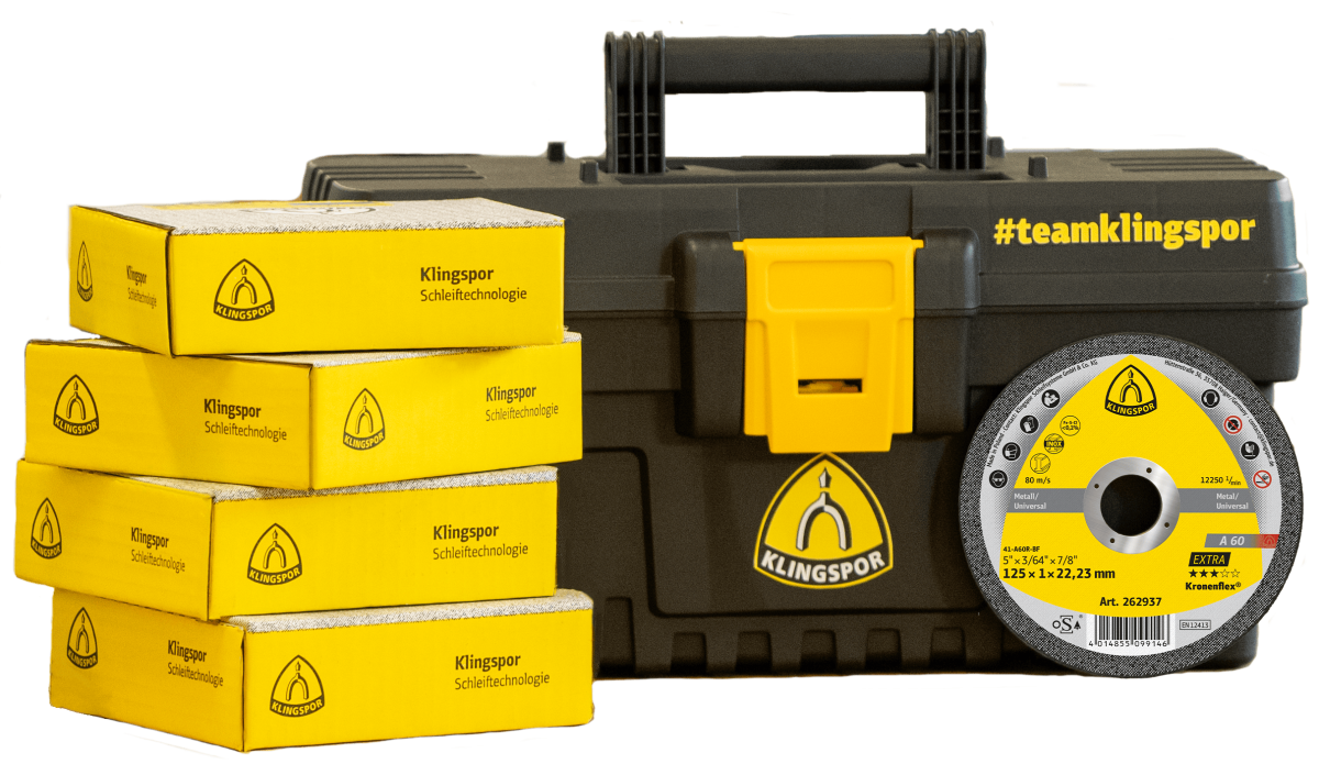 KLINGSPOR Kronenflex® A 60 Extra Trennscheiben Aktionsbox 721938, 100 Stück + Werkzeugbox, Ø 125 mm x 1 mm, ø 22 mm, P36, A, 12.200 U./Min., Typ 41 Gerade, Aluminiumkorn, Universell für alle Metalle