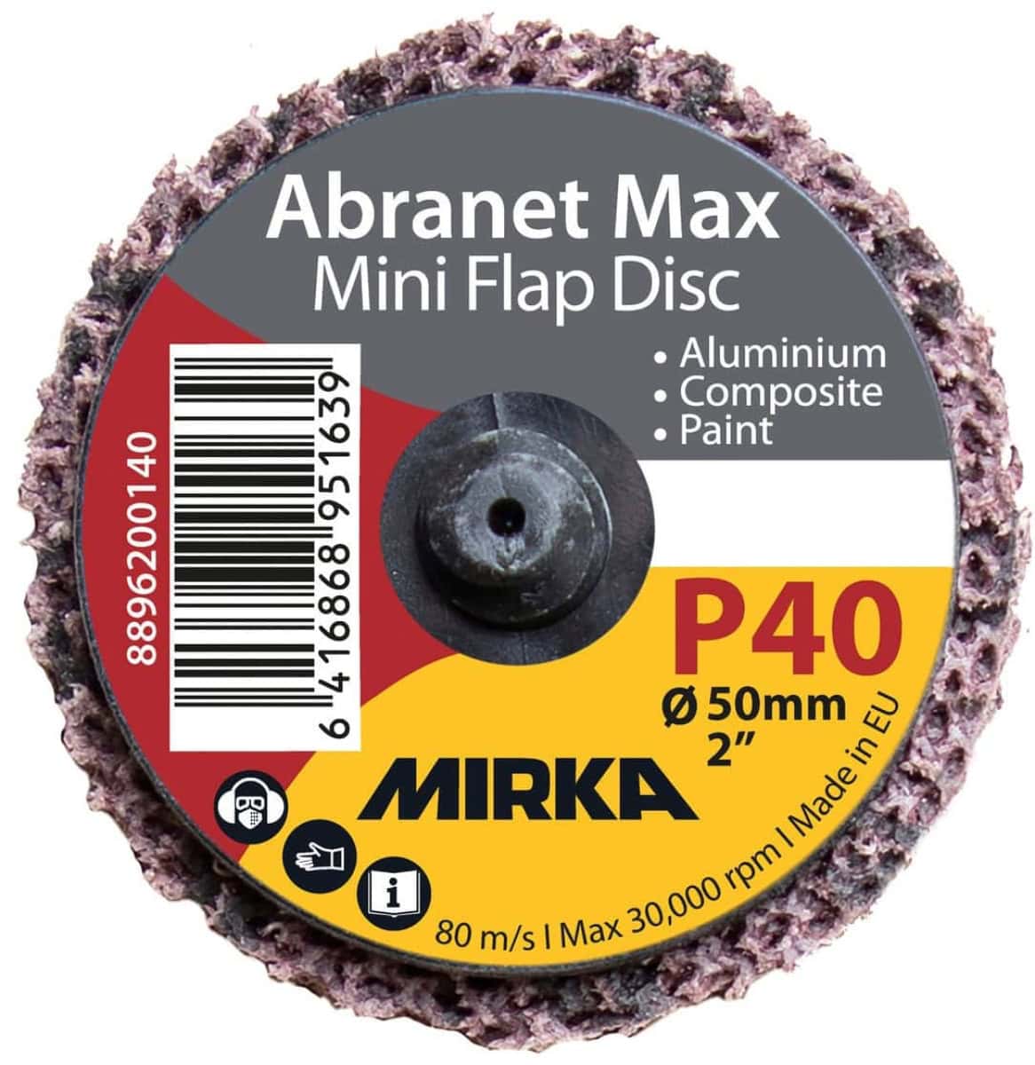 Mirka® Abranet® Max Mini Flap Disc 8896200140, Ø 50 mm x 22 mm, P40, 30.000 U./Min., Fächerschleifscheibe mit Aluminiumoxidkorn