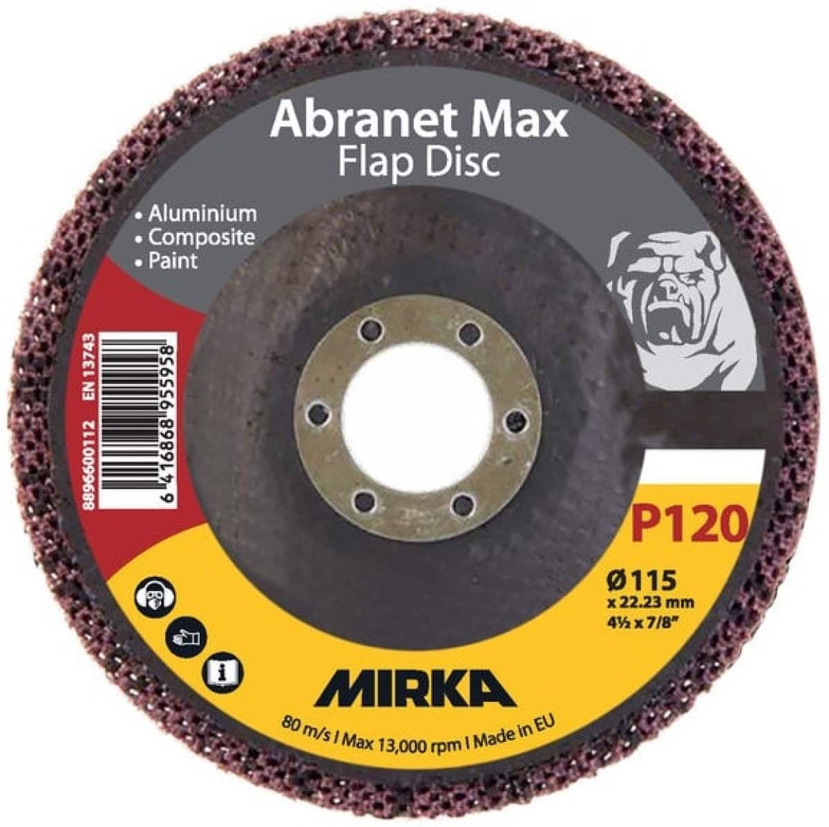 Mirka® Abranet® Max Flap Disc 8896600112, Ø 115 mm x 22 mm, P120, Fächerschleifscheibe mit Aluminiumoxidkorn