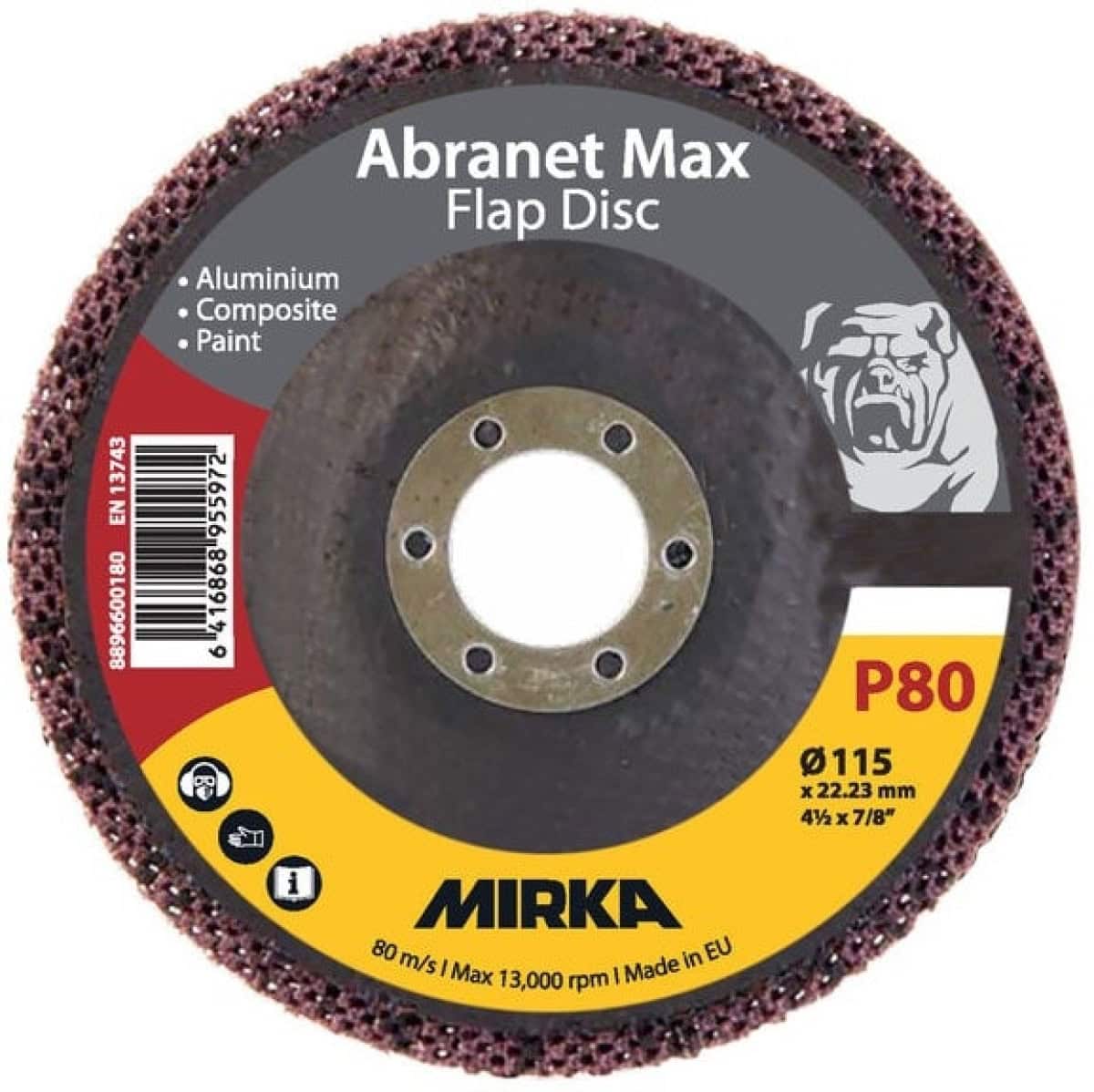 Mirka® Abranet® Max Flap Disc 8896600180, Ø 115 mm x 22 mm, P80, Fächerschleifscheibe mit Aluminiumoxidkorn