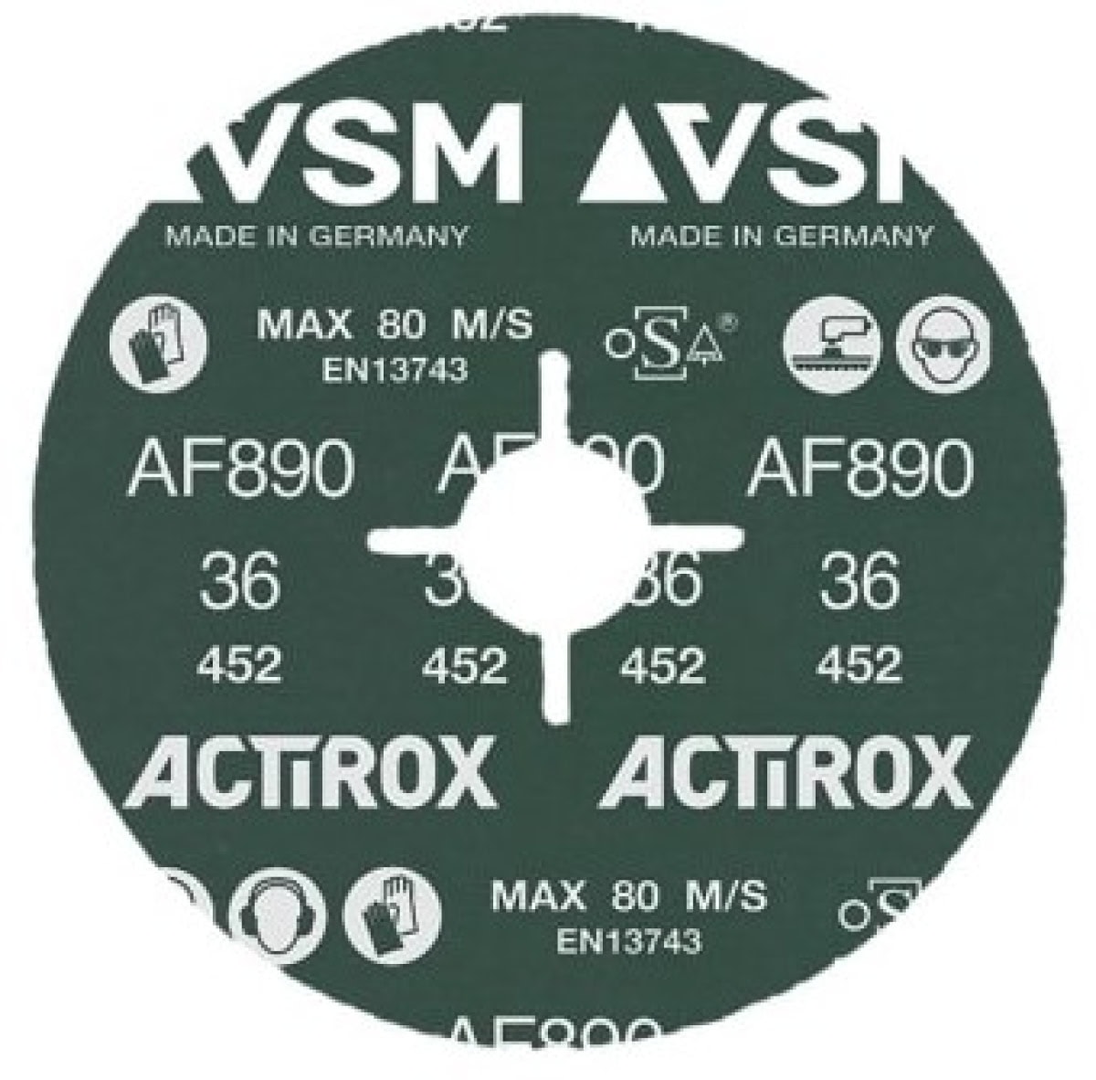 VSM ACTIROX AF890 709158, Ø 125 mm x ø 22,23 mm, P36, 4-fach Schlitz Ausführung (S1E), 12.200 U./Min., Fiberscheibe mit Präzisions-Keramikkorn, Für Edelstahl und Superlegierungen