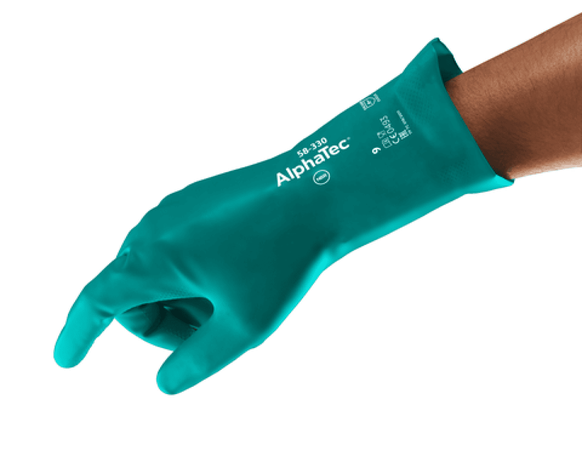 Ansell AlphaTec™ 58-330 Chemikialienschutzhandschuh 58330070, Für Chemikalienhandling und Wartungsarbeiten, Größe 7, Grün, 320 mm lang, Mit der AQUADRI™ Moisture Management Technologie