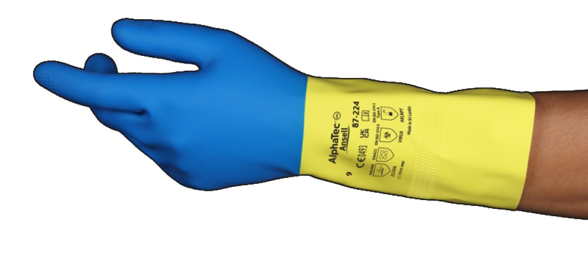 Ansell AlphaTec™ 87-224 Chemikalienschutzhandschuh 87224080, Für Labor, Industrie und Instandhaltung, Größe 8, Blau/Gelb, 325 mm lang, Verbesserte chemische Beständigkeit