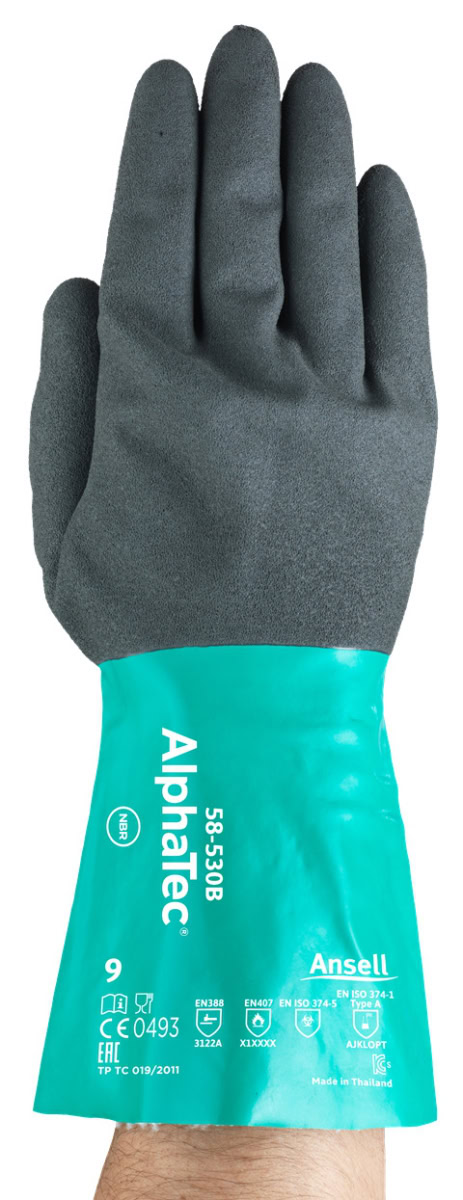 Ansell AlphaTec™ 58-530B Chemikalienschutzhandschuh 58530B100, Für sicheren Griff bei Chemikalien sowie Öl- und Feuchtarbeiten, Größe 10, Grau, 290 mm lang,  Mit Ansell GRIP™ Technologie