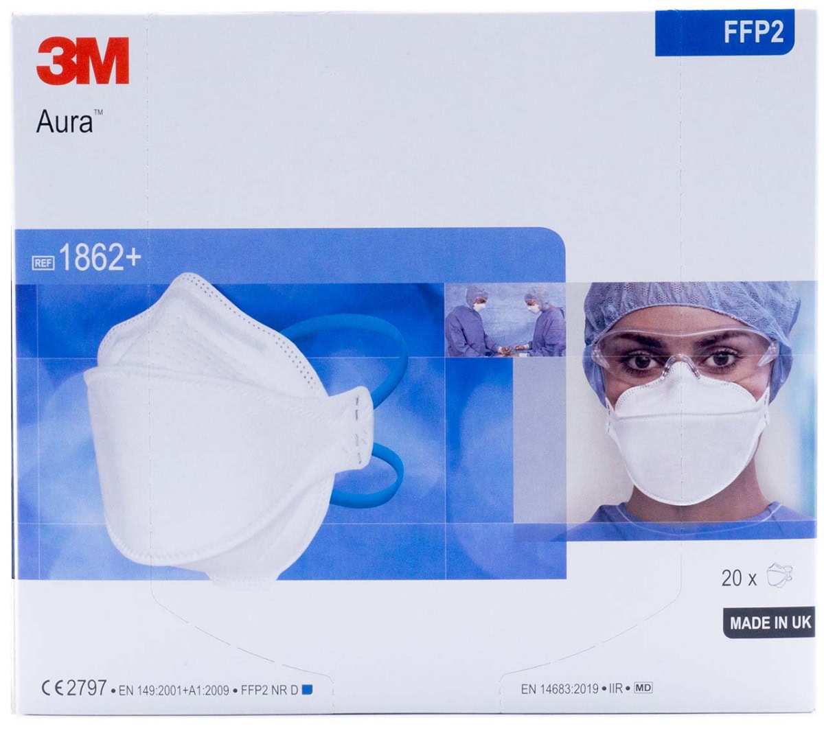 3M™ Aura™ Medizinische Atemschutzmaske 1862+, FFP2 NR D, Chirurgische Maske nach EN14683, Medizinvariante, Hygienisch einzelverpackt