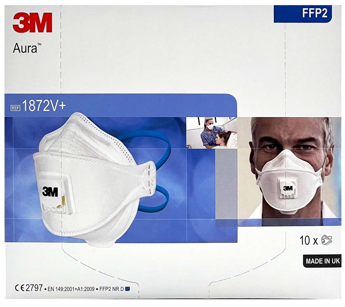 3M™ Aura™ Medizinische Atemschutzmaske 1872V+ FFP2 NR D mit Cool-Flow Ausatmenventil, Chirurgische Maske nach EN14683, Medizinvariante, Hygienisch einzelverpackt